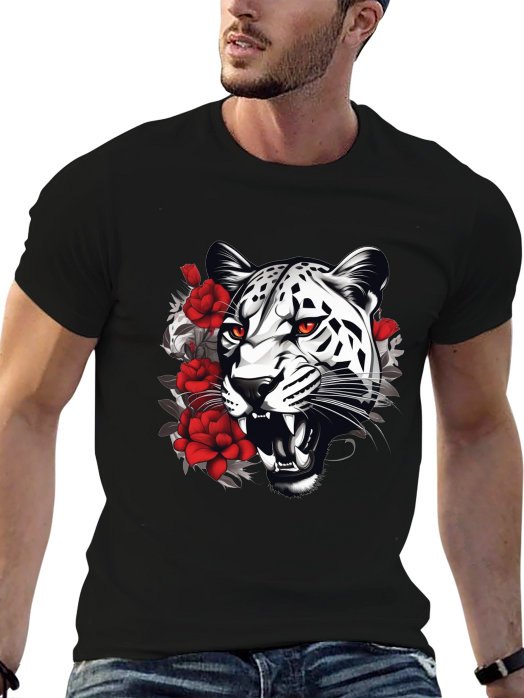 Leopard & Roses Graphic Print Black T-Shirt