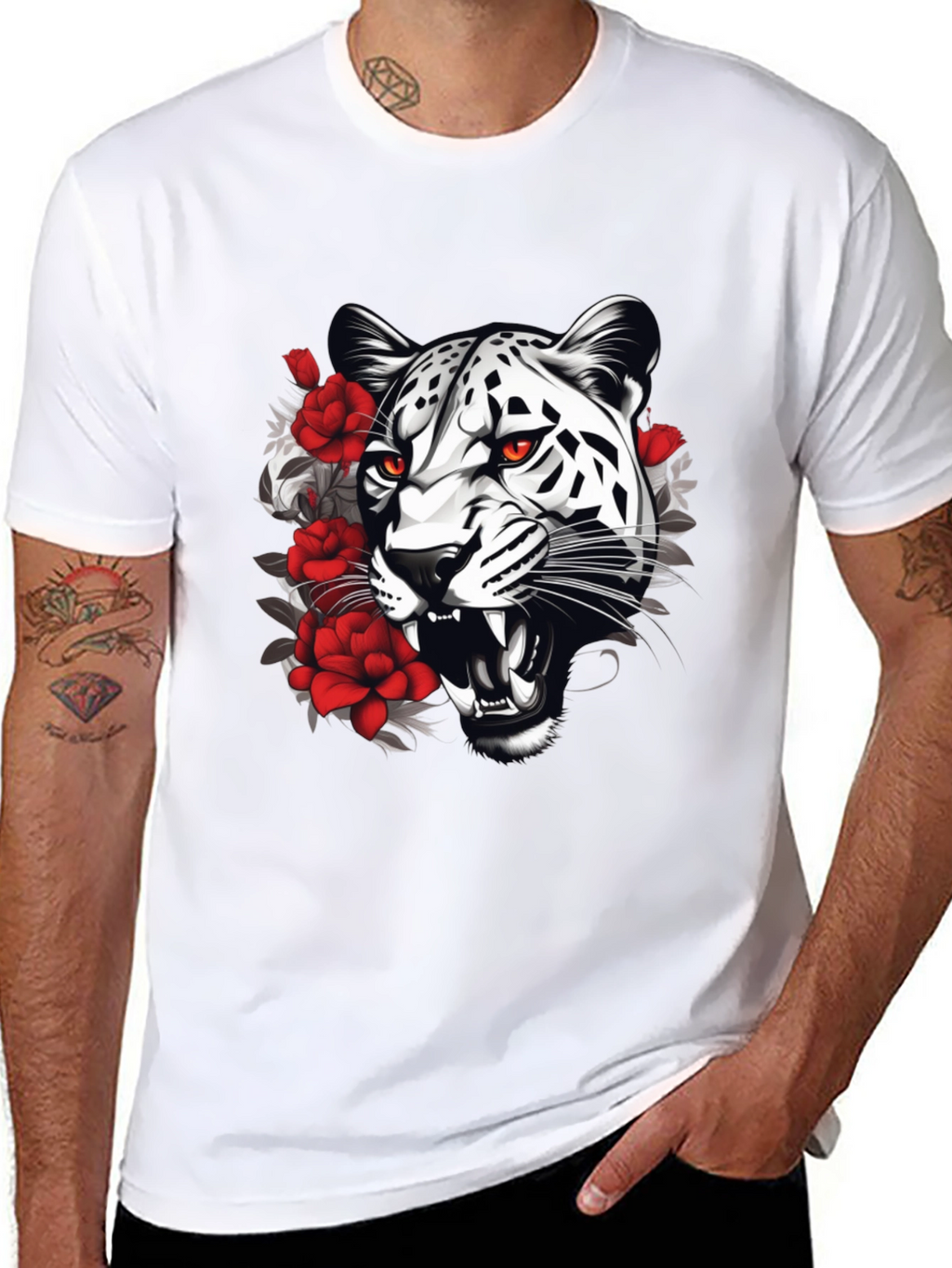 Leopard & Roses Graphic Print Black T-Shirt