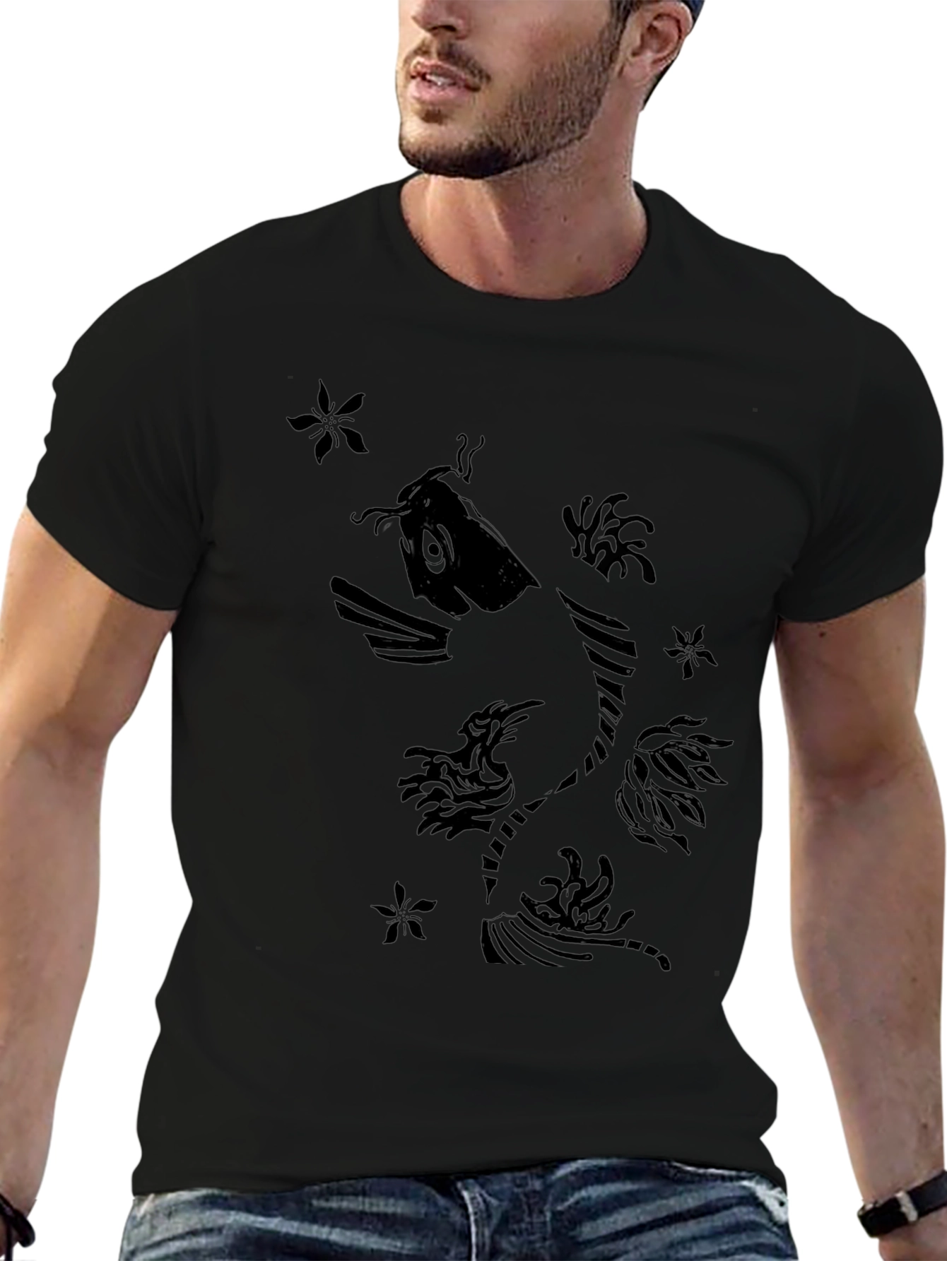 Black Koi Fish Graphic Print T-Shirt