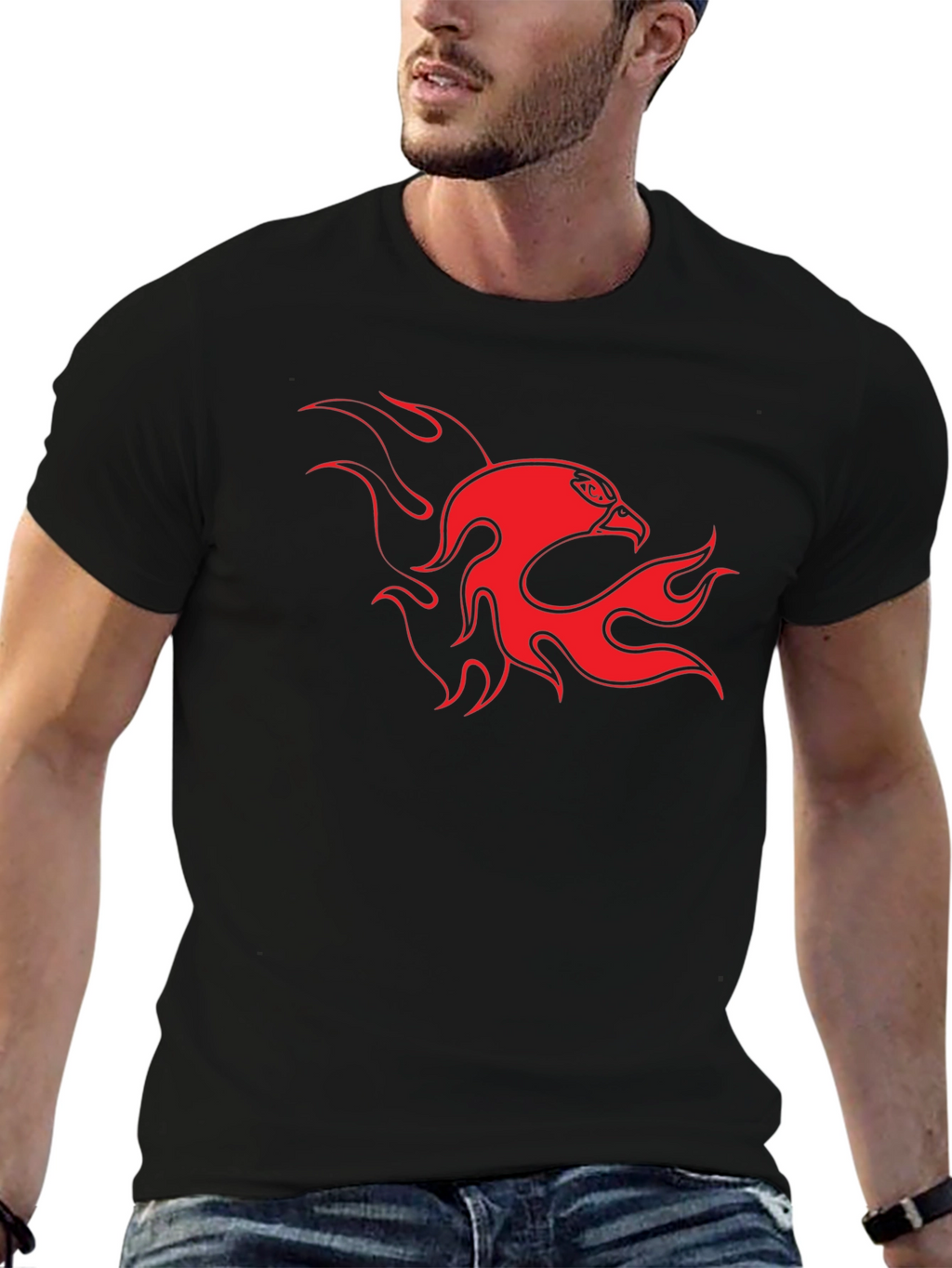 Bold Black Tee with Fiery Eagle Design