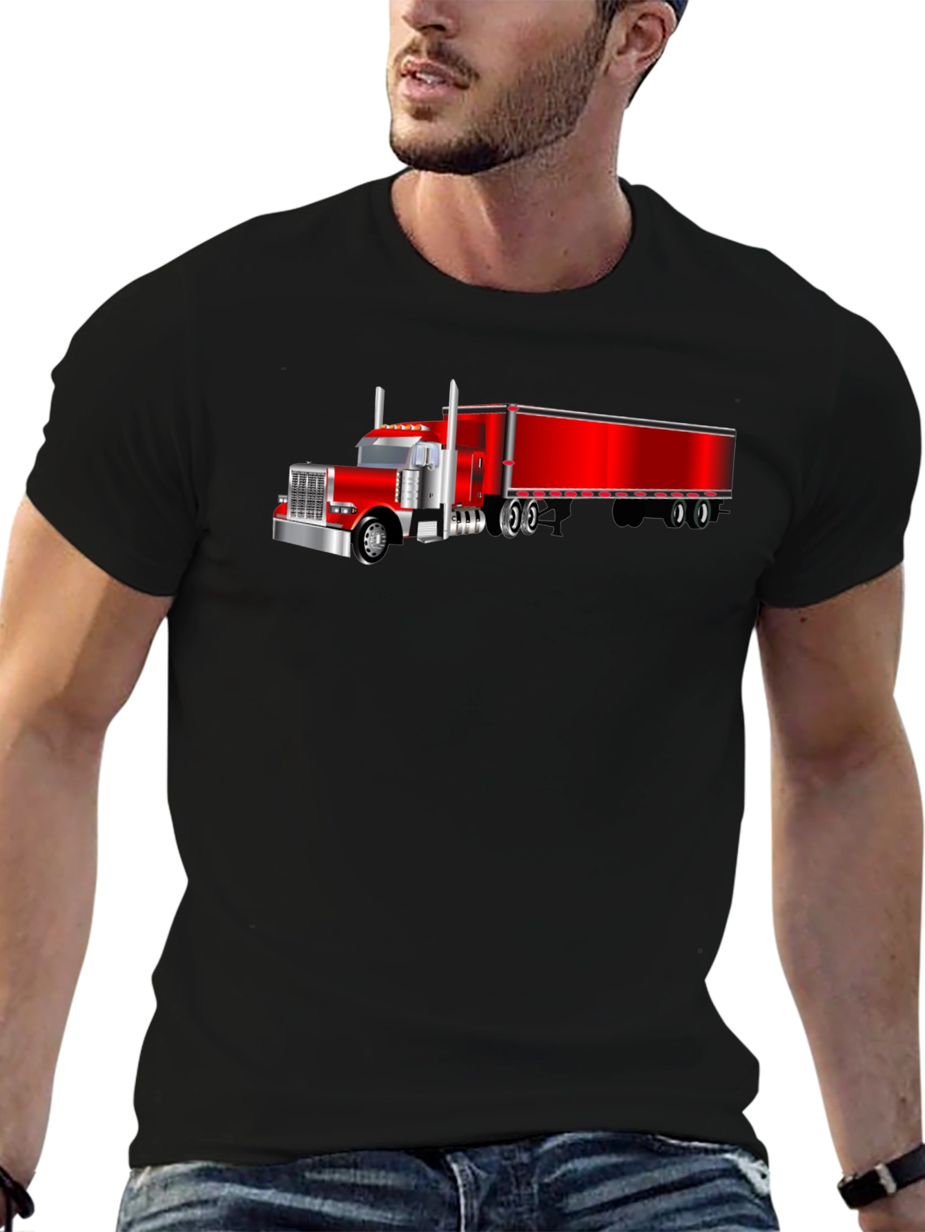 Trucker T-Shirt - Black Cotton Tee with Red Semi-Truck Graphic