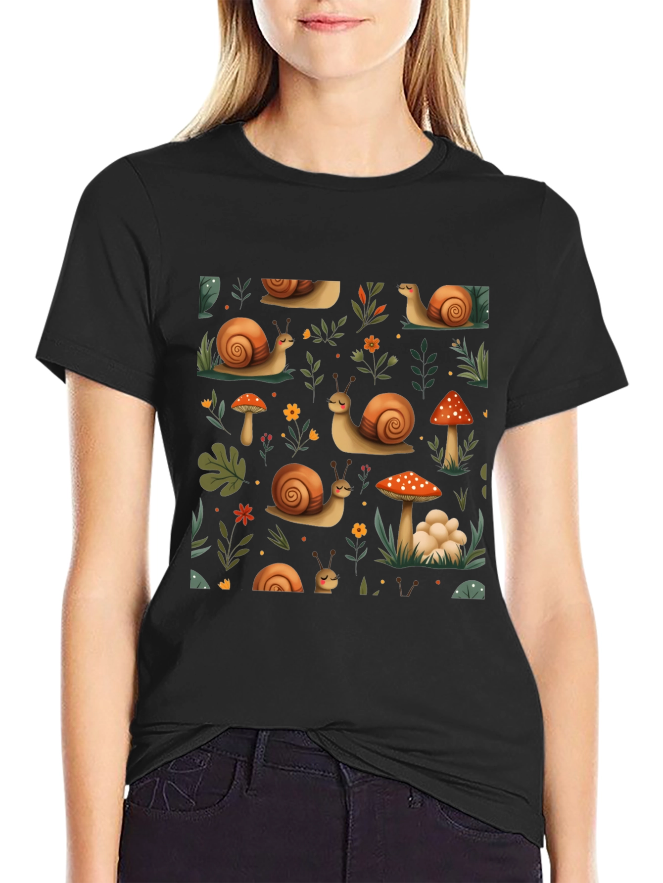 Whimsical Snail & Mushroom Pattern Tee