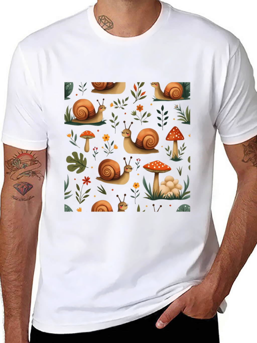Whimsical Snail & Mushroom Pattern Tee