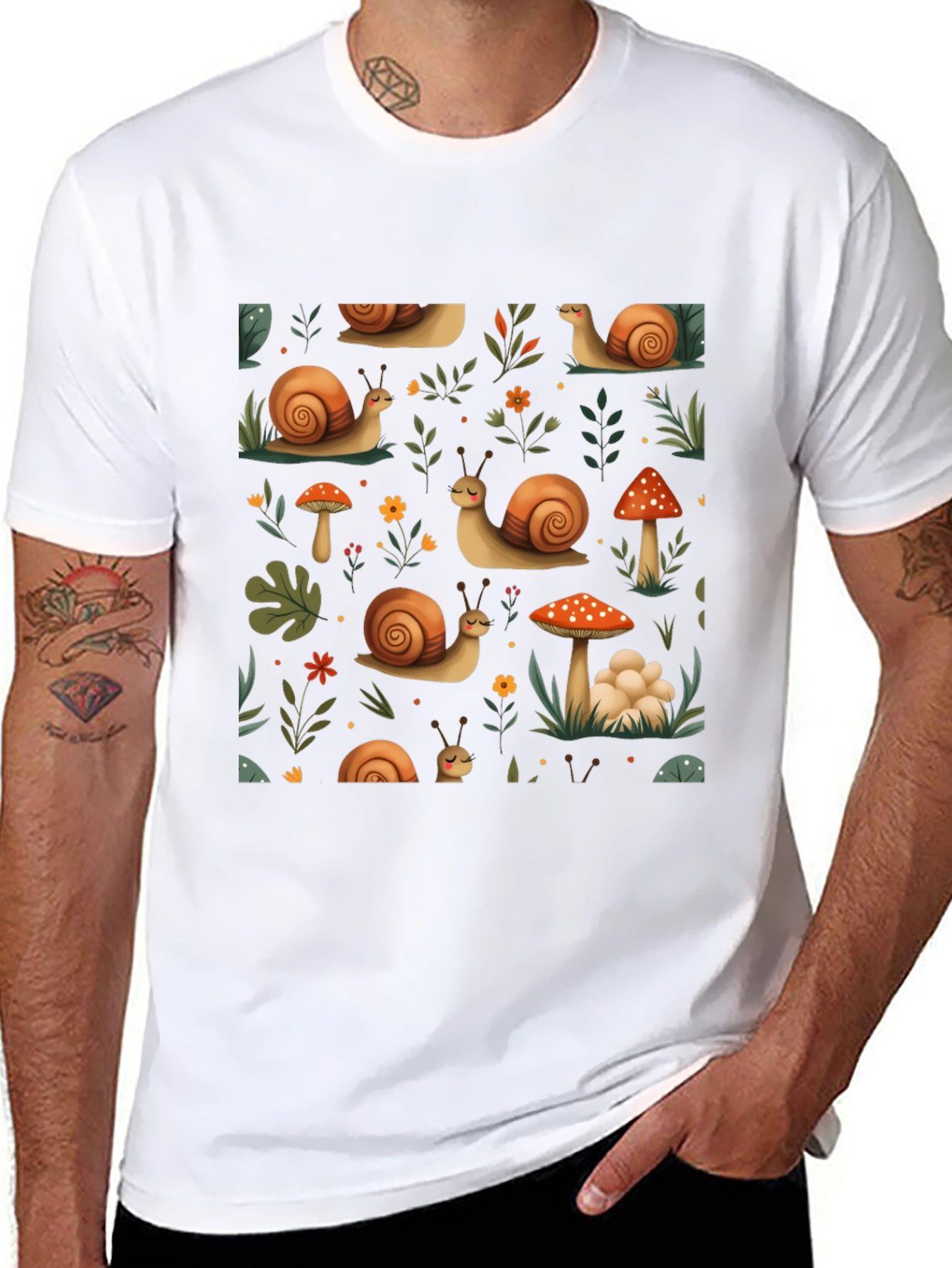 Whimsical Snail & Mushroom Pattern Tee
