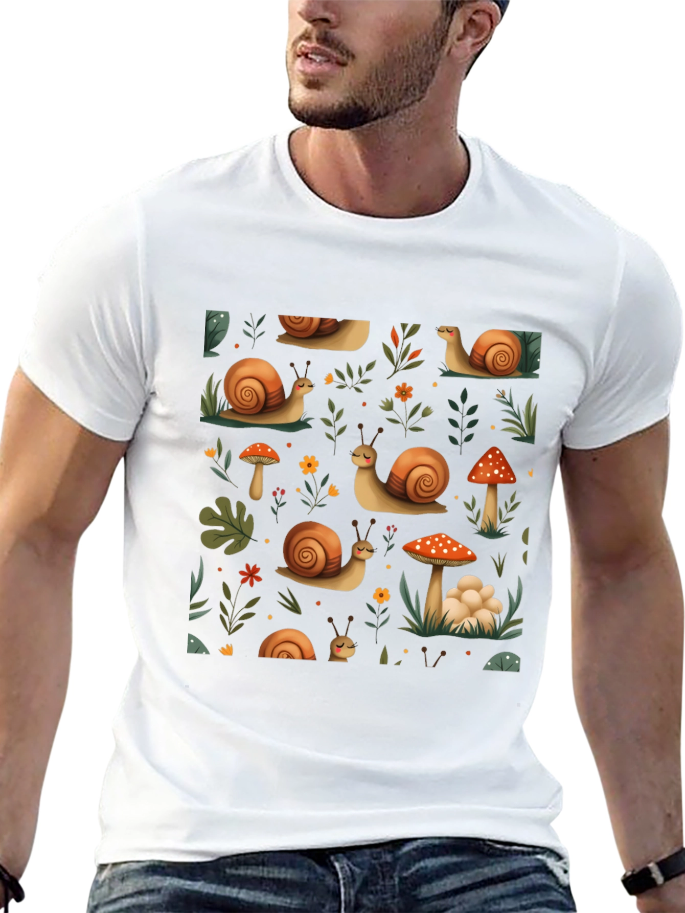 Whimsical Snail & Mushroom Pattern Tee