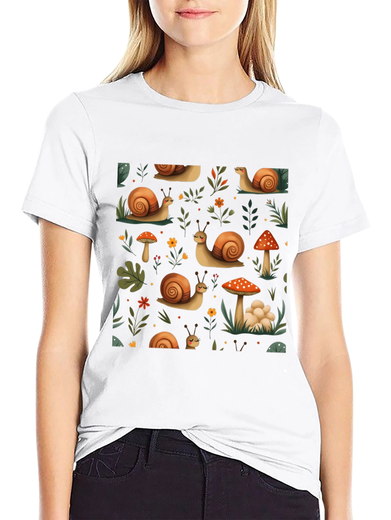 Whimsical Snail & Mushroom Pattern Tee