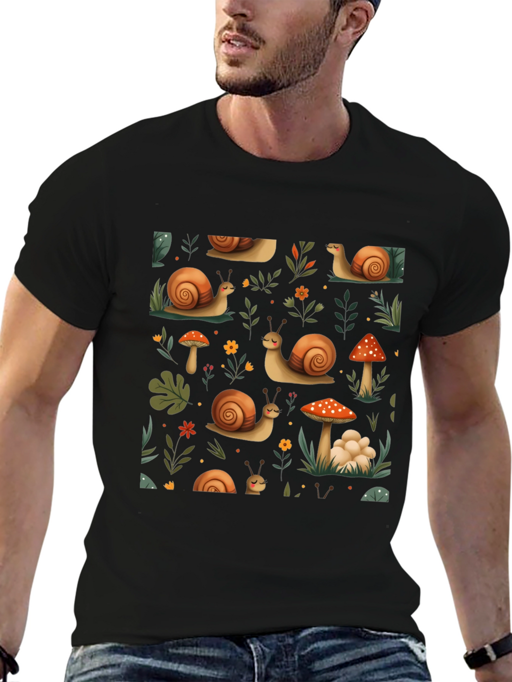 Whimsical Snail & Mushroom Pattern Tee