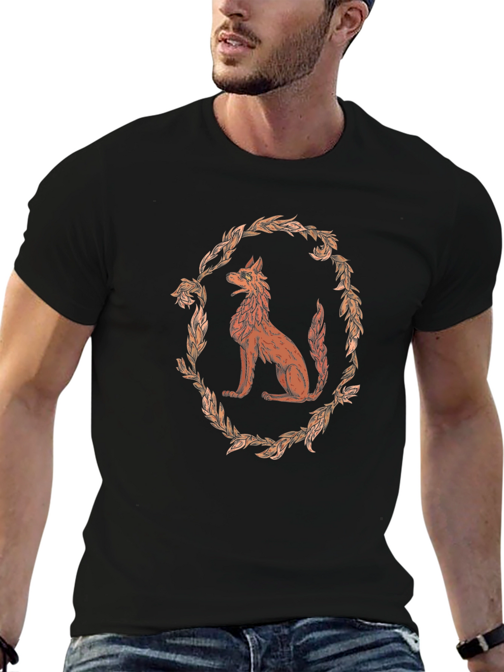 Wolf Wreath Graphic Tee - Black Cotton T-Shirt