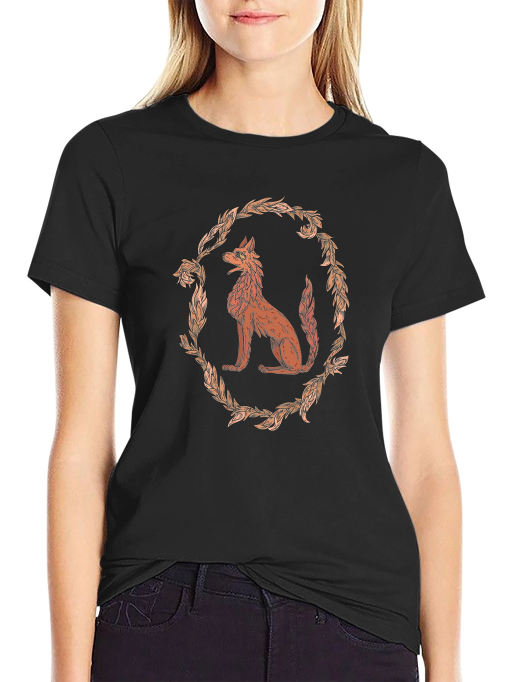 Wolf Wreath Graphic Tee - Black Cotton T-Shirt
