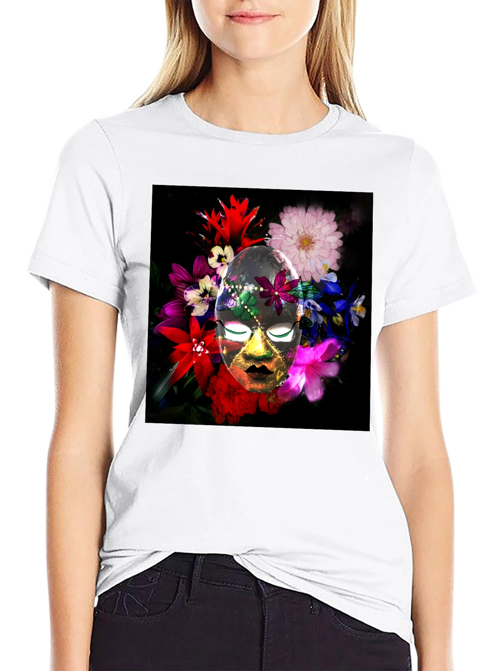 Floral Mask Graphic Tee - Black Cotton Blend