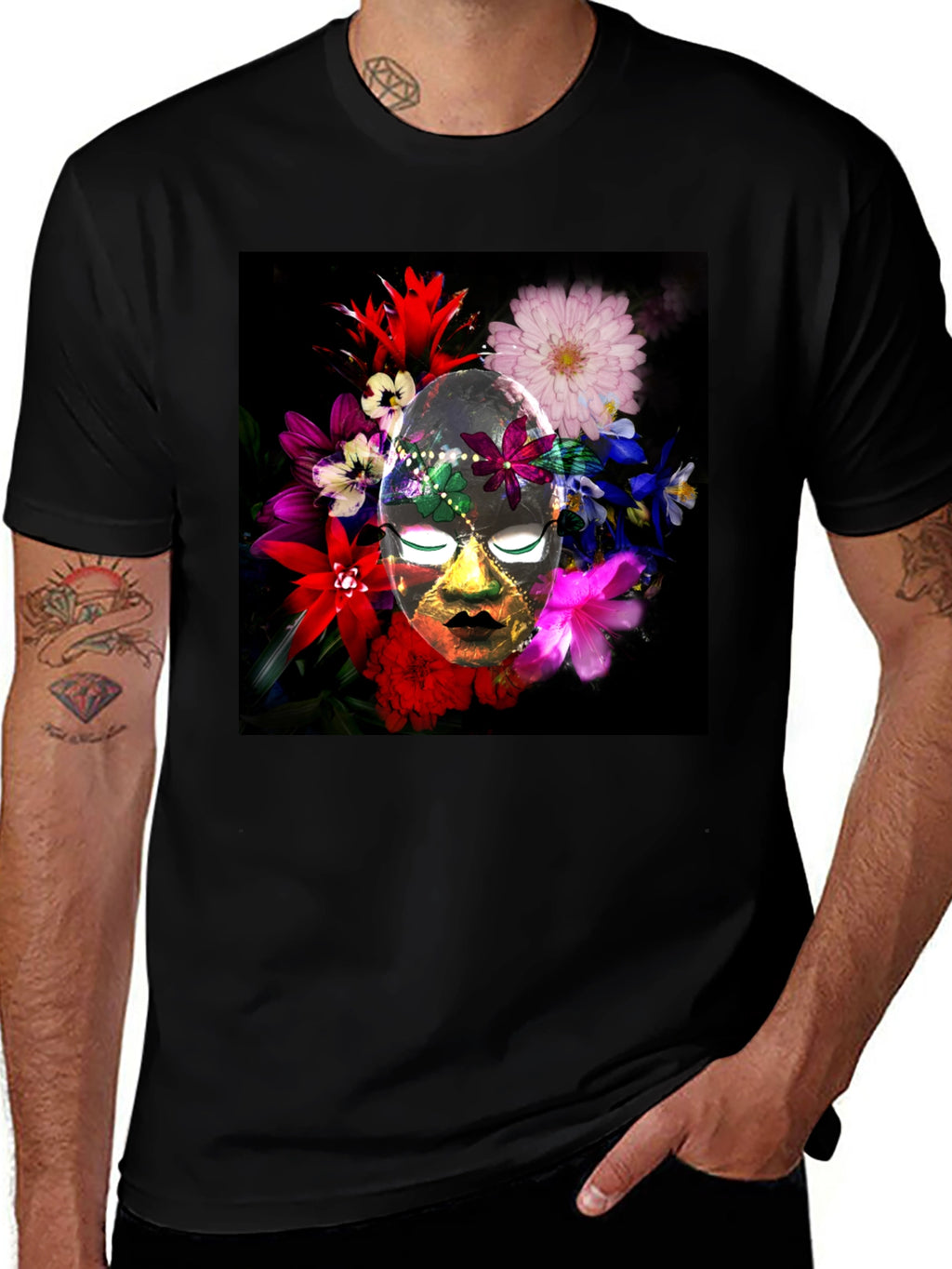 Floral Mask Graphic Tee - Black Cotton Blend