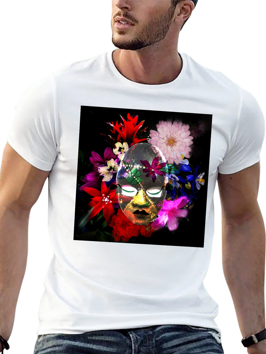 Floral Mask Graphic Tee - Black Cotton Blend