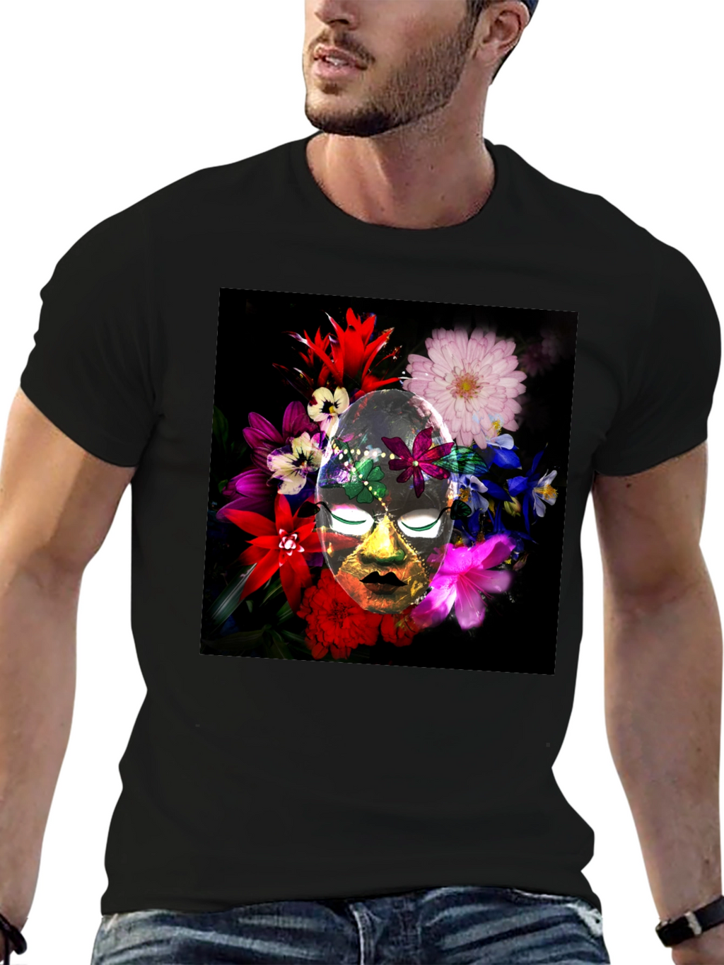 Floral Mask Graphic Tee - Black Cotton Blend