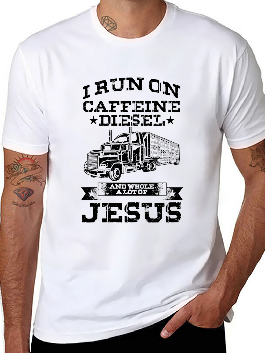 I Run On Caffeine Diesel and Jesus Black T-Shirt