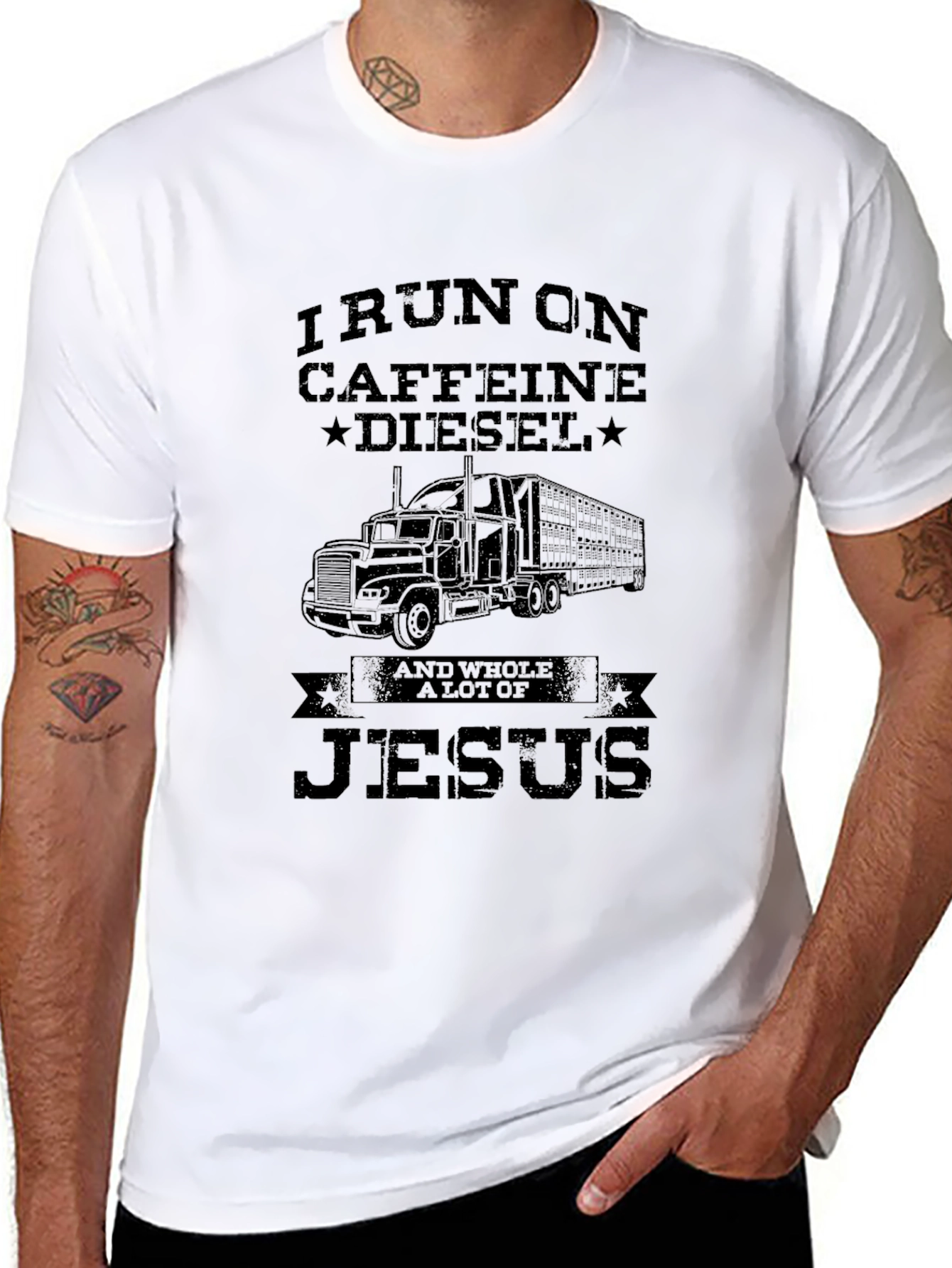 I Run On Caffeine Diesel and Jesus Black T-Shirt