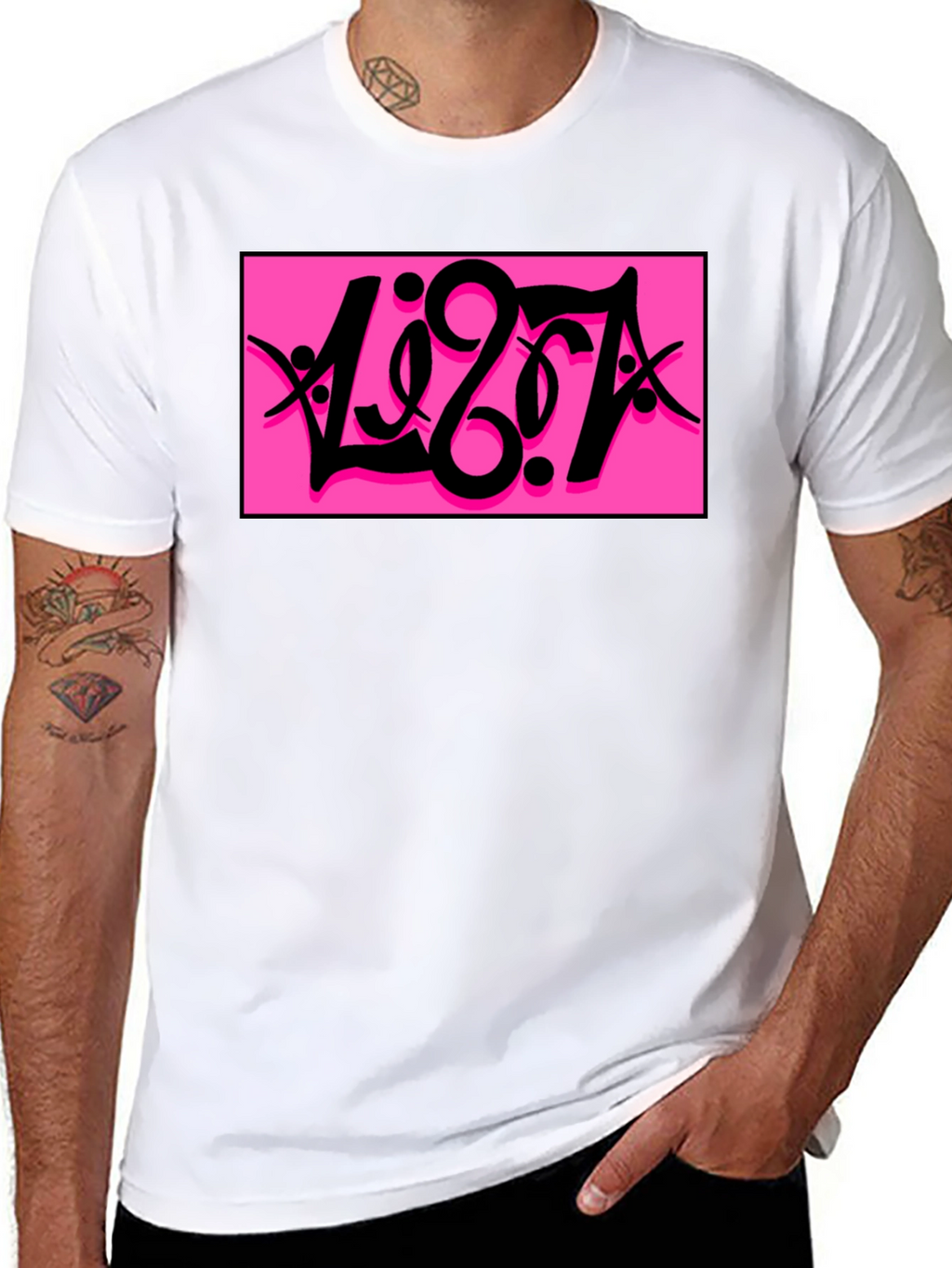 Black T-Shirt with Bold Pink Graphic Print