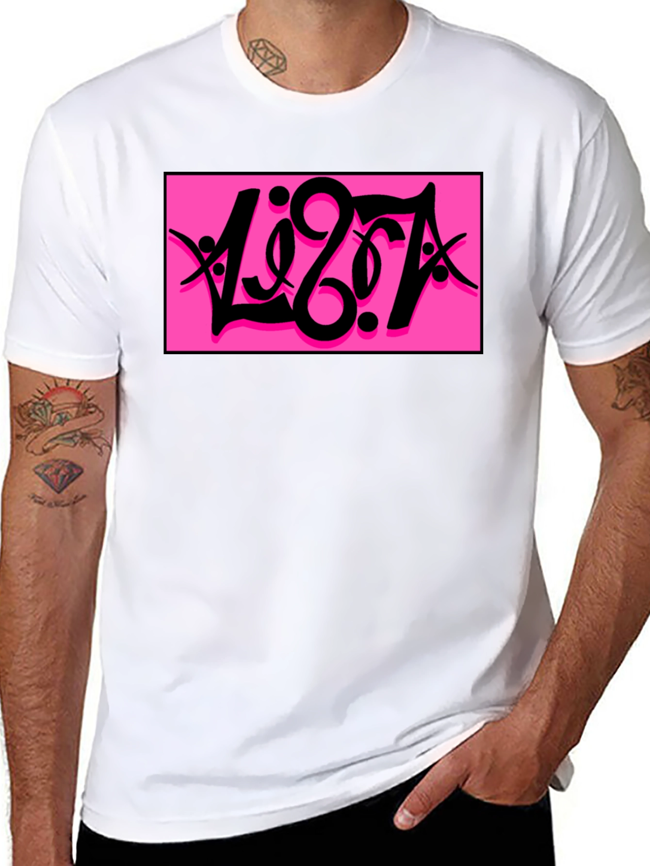 Black T-Shirt with Bold Pink Graphic Print