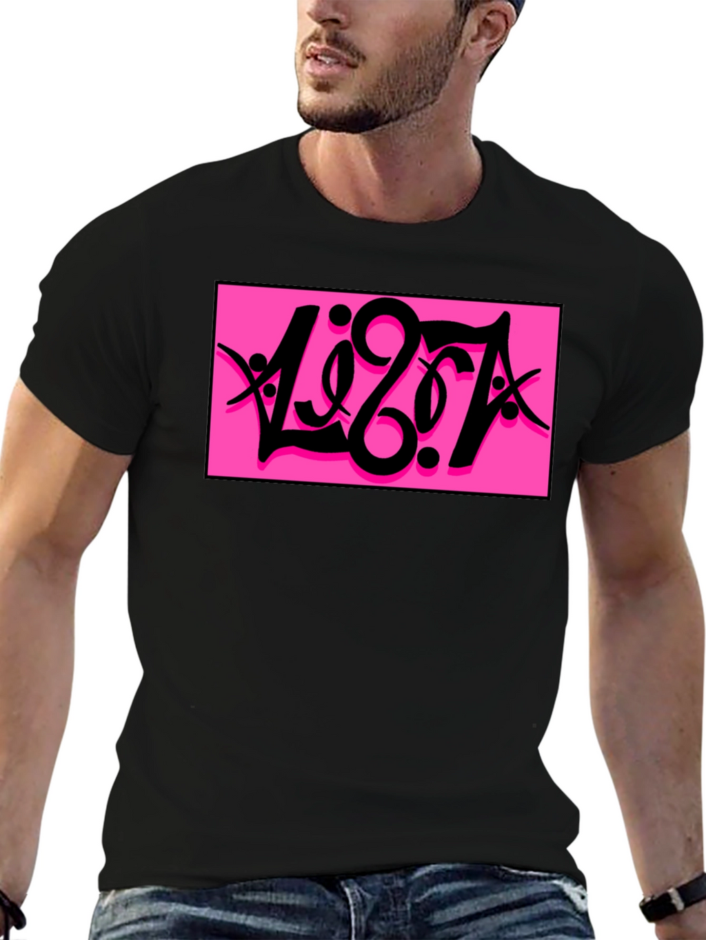 Black T-Shirt with Bold Pink Graphic Print