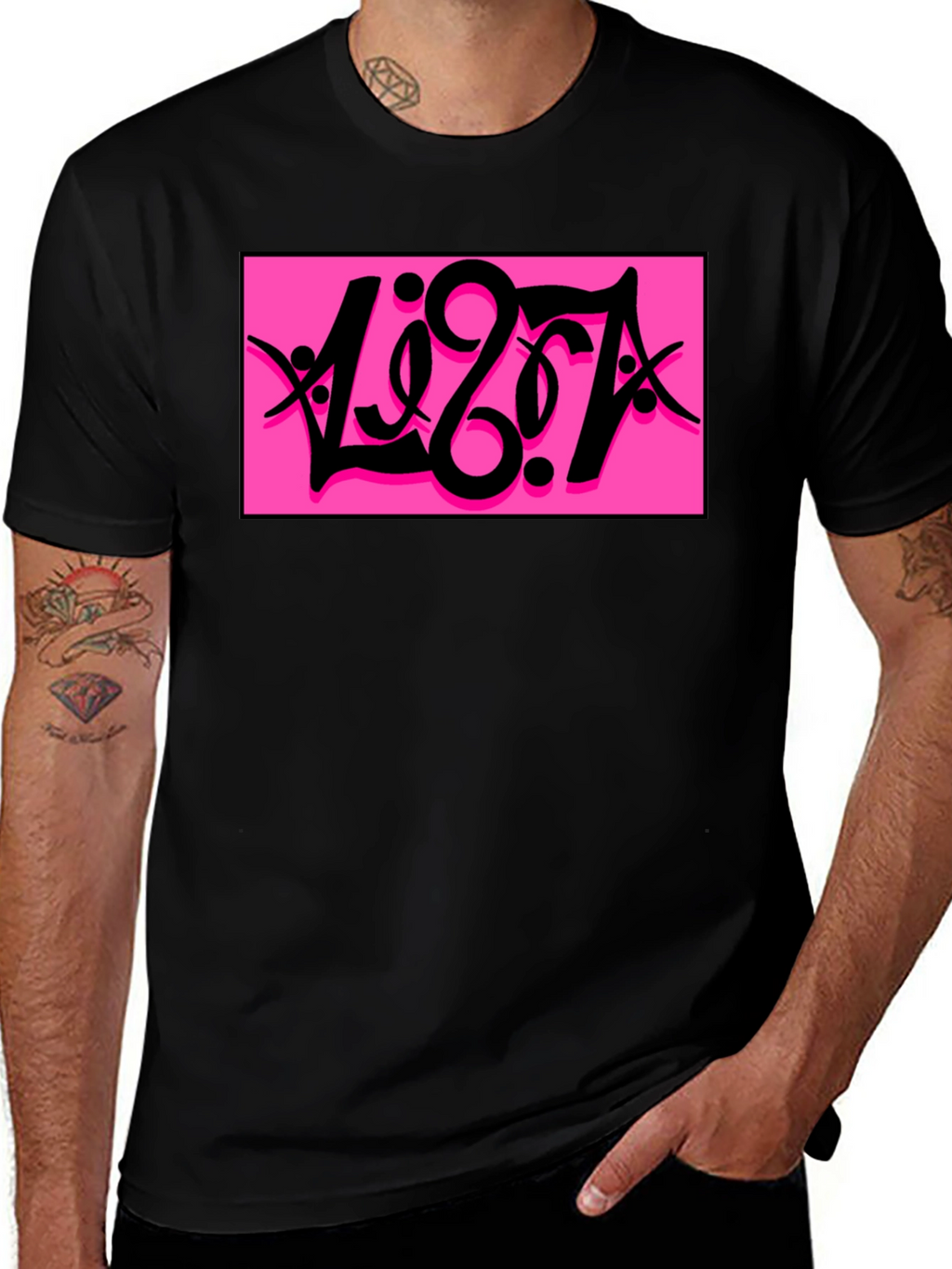 Black T-Shirt with Bold Pink Graphic Print