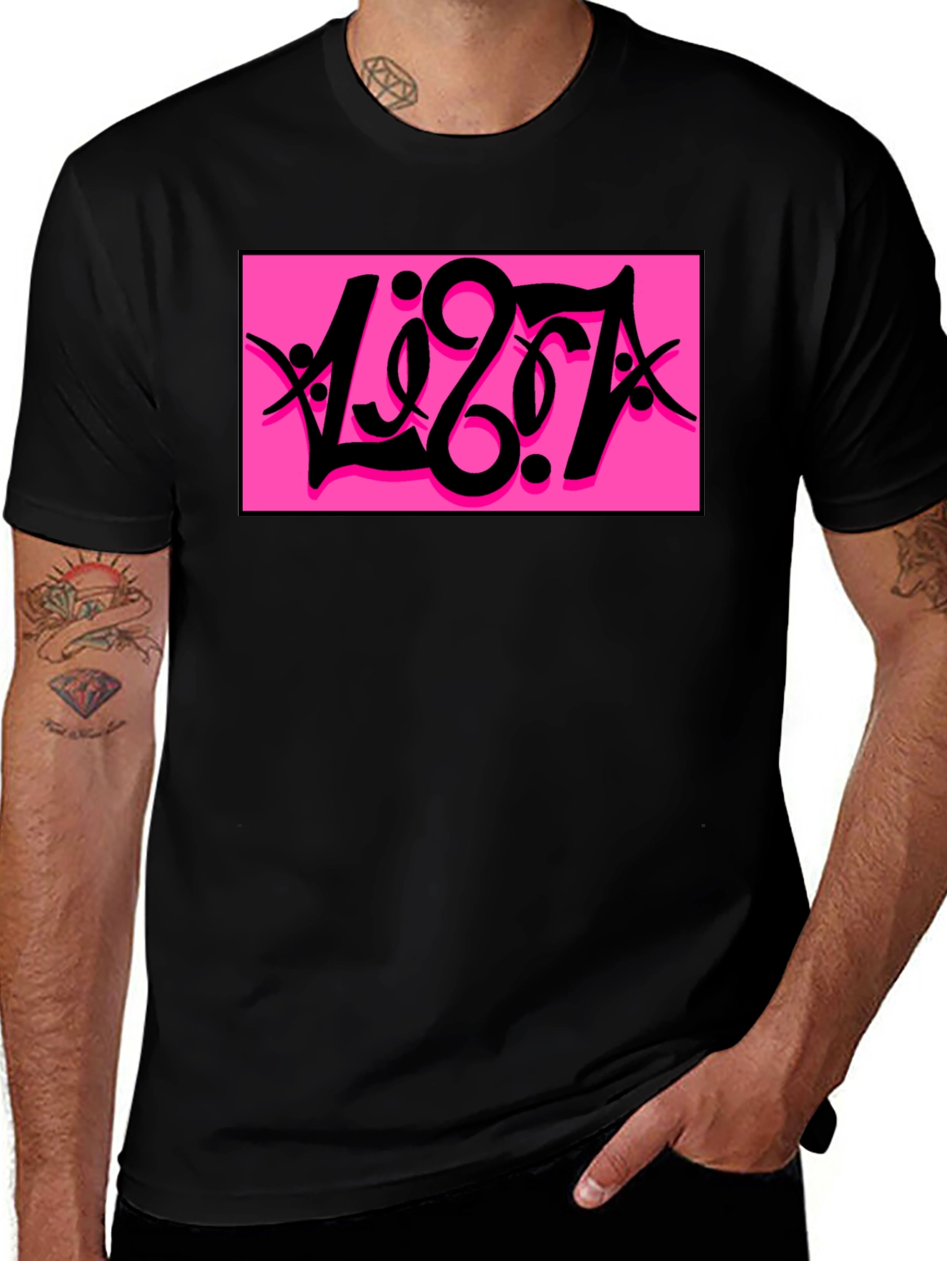 Black T-Shirt with Bold Pink Graphic Print