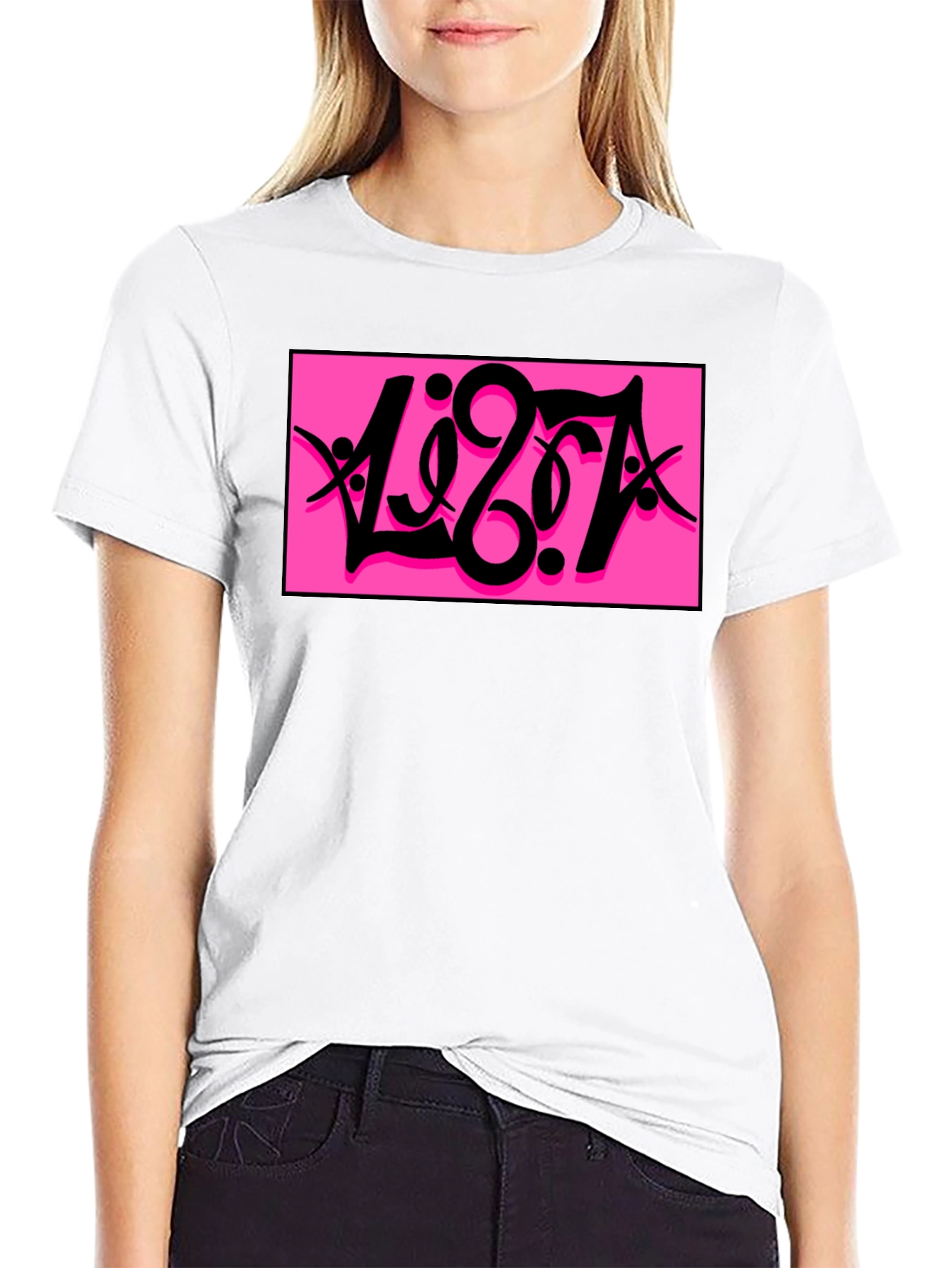 Black T-Shirt with Bold Pink Graphic Print