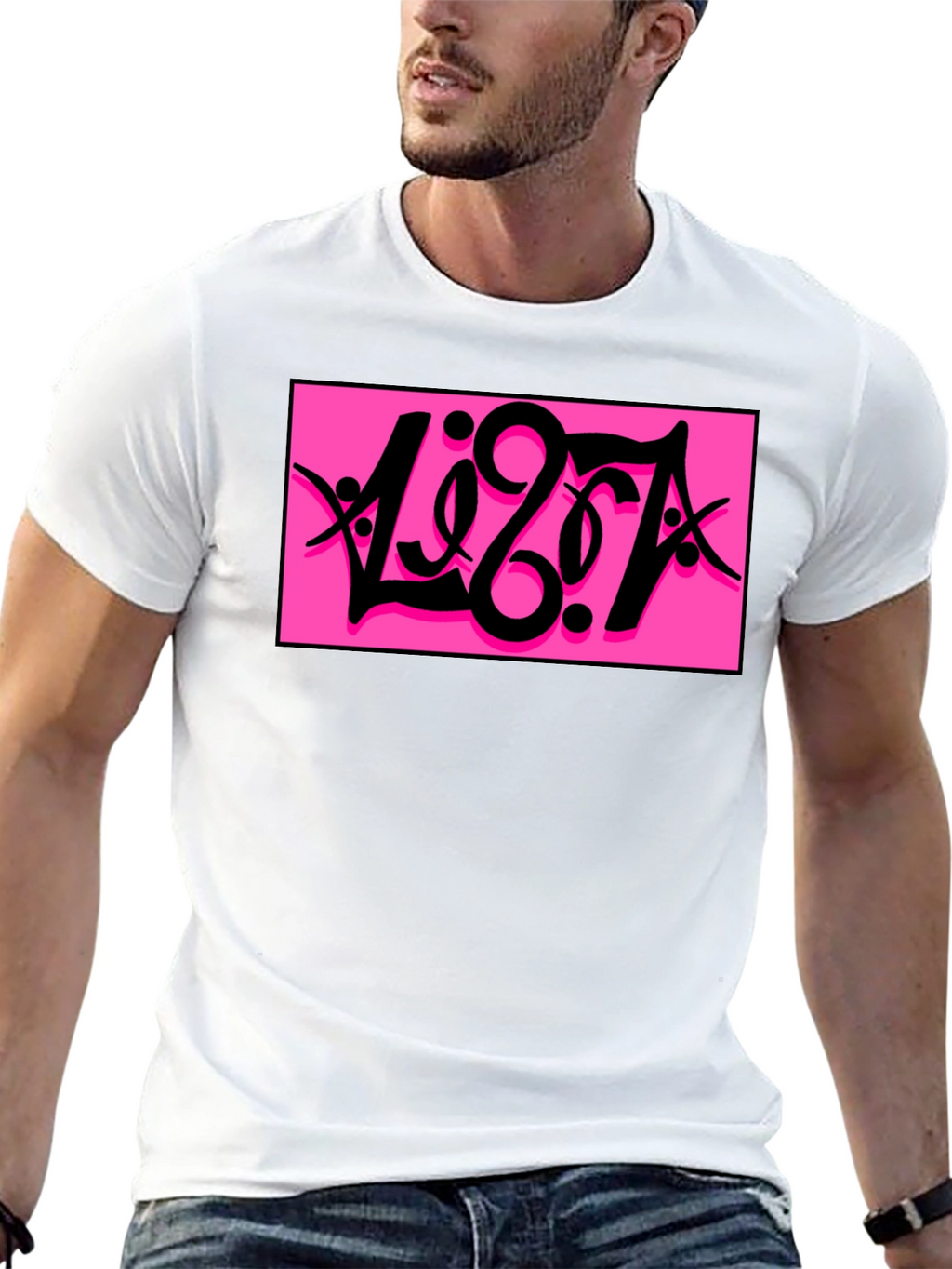 Black T-Shirt with Bold Pink Graphic Print