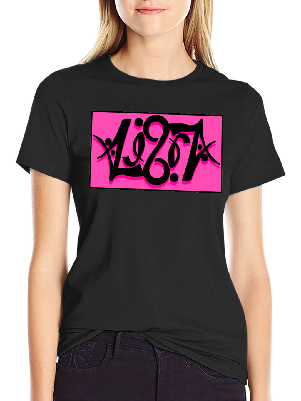 Black T-Shirt with Bold Pink Graphic Print