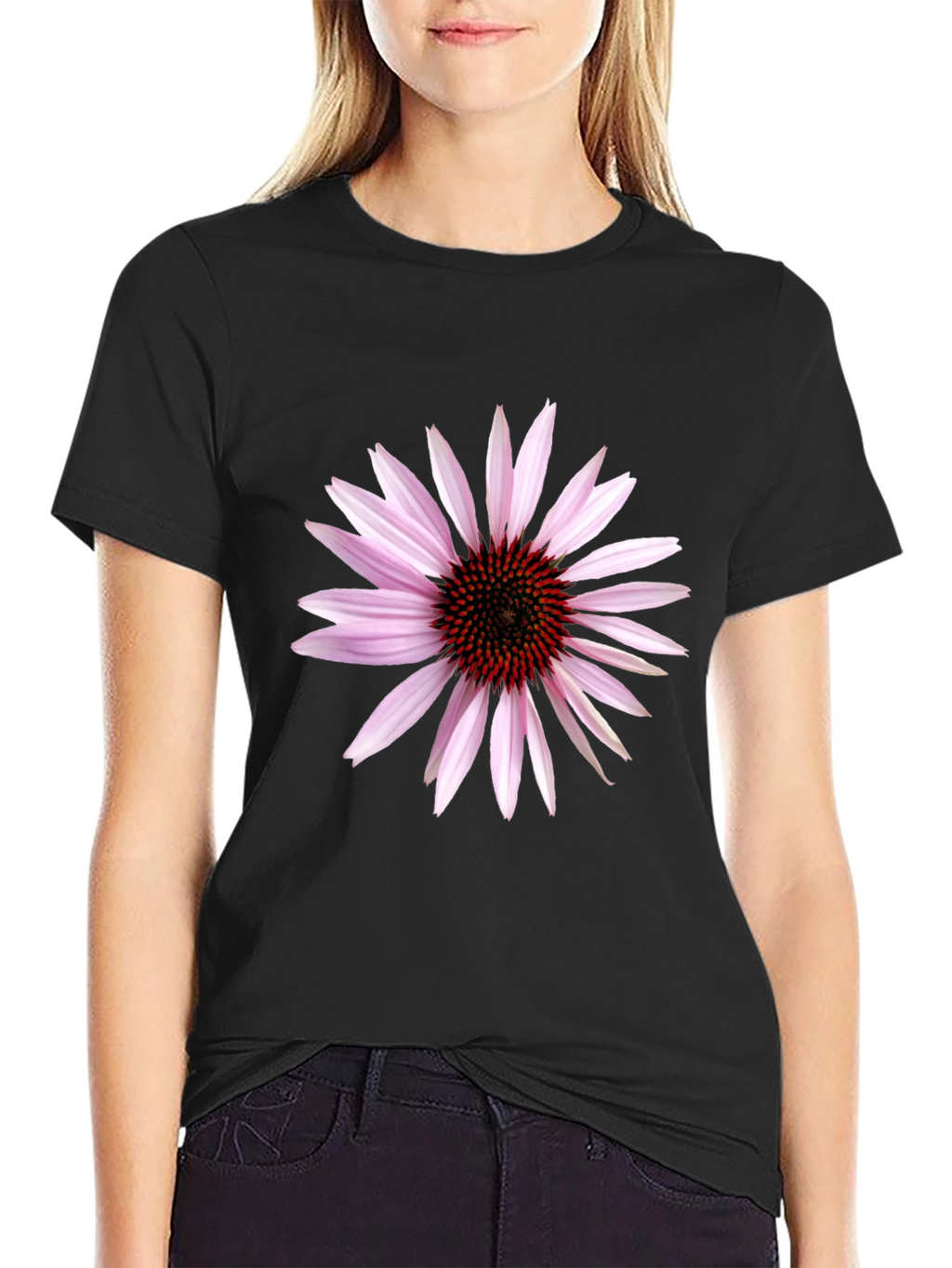 Black T-Shirt with Echinacea Flower Graphic