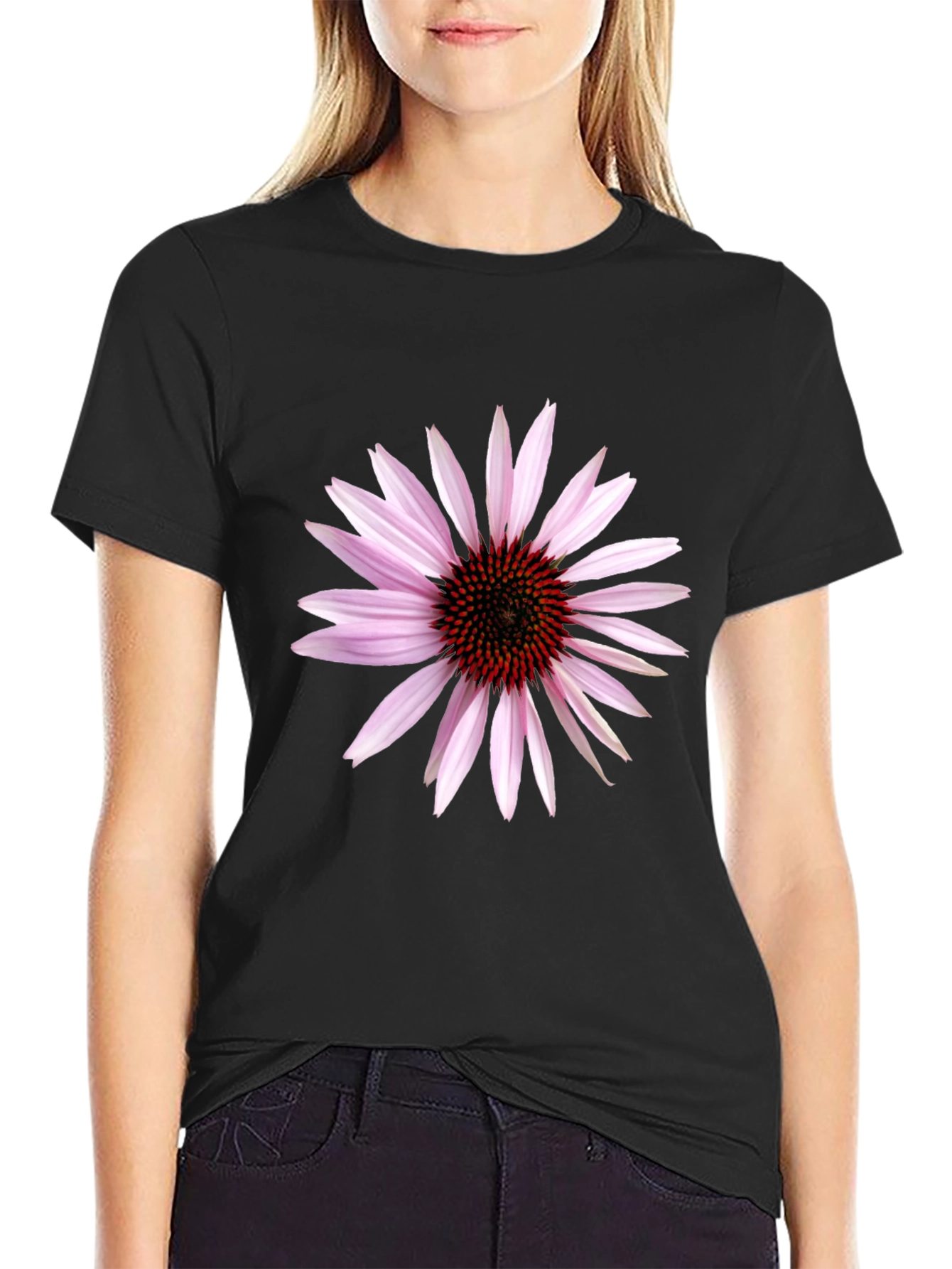 Black T-Shirt with Echinacea Flower Graphic