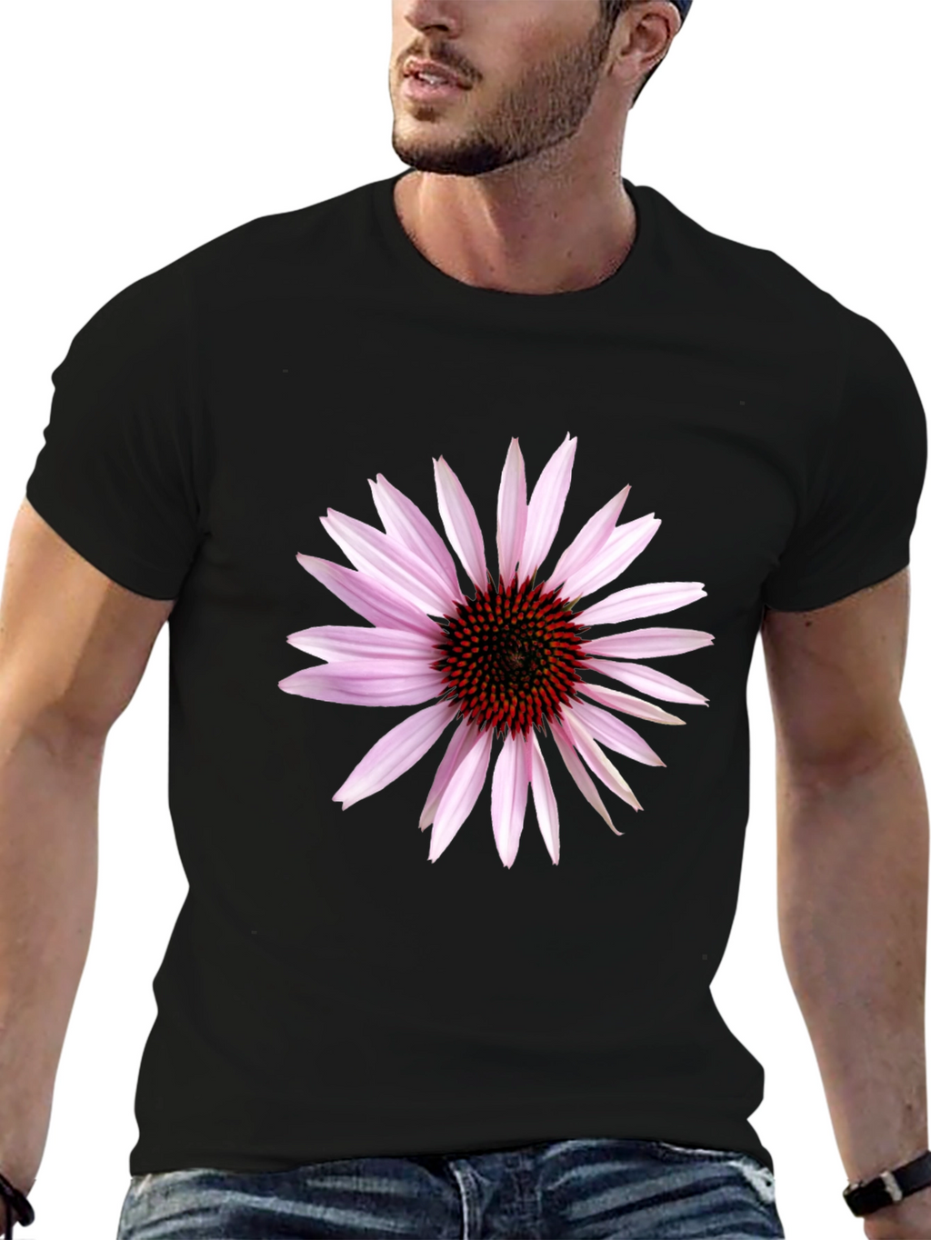 Black T-Shirt with Echinacea Flower Graphic
