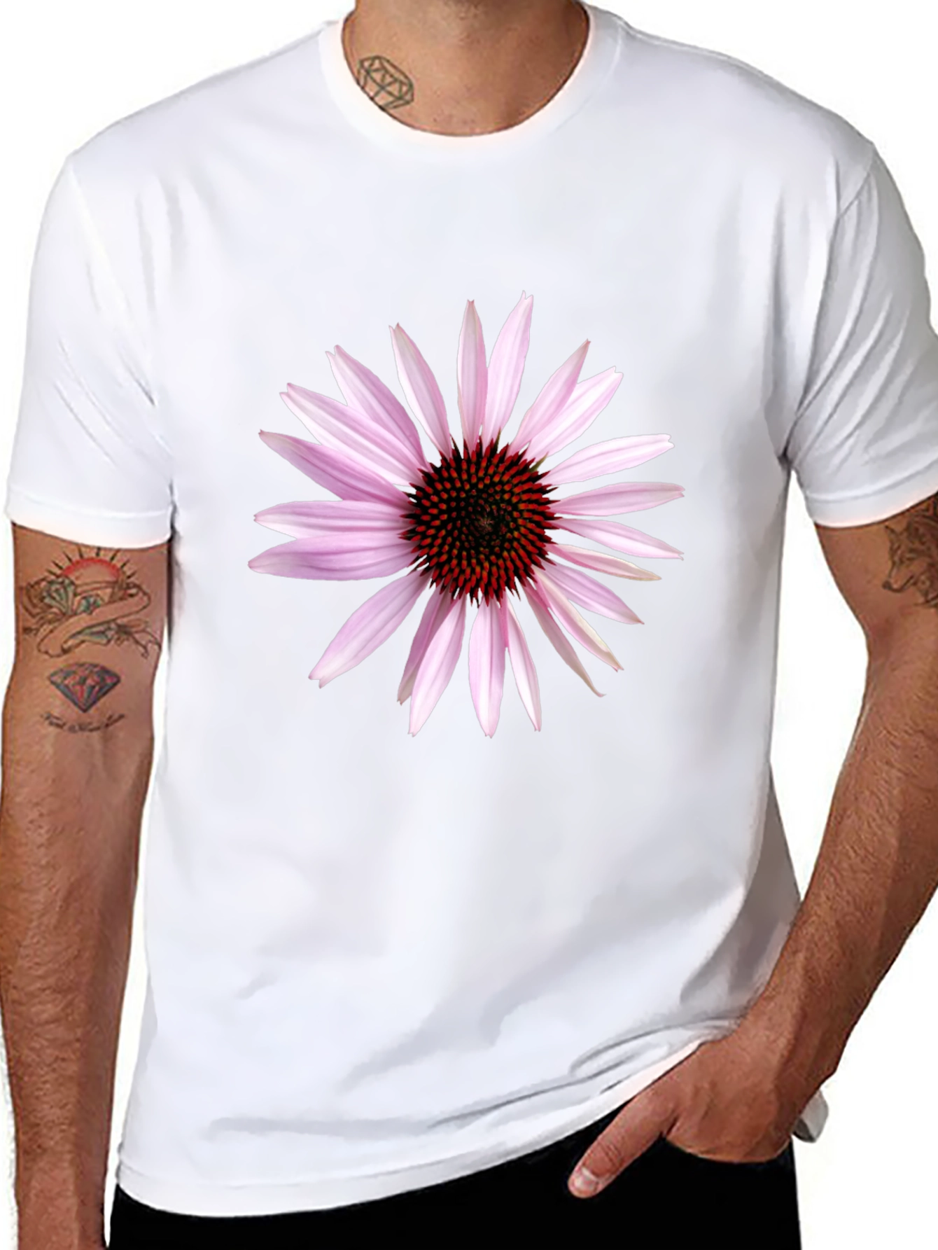 Black T-Shirt with Echinacea Flower Graphic