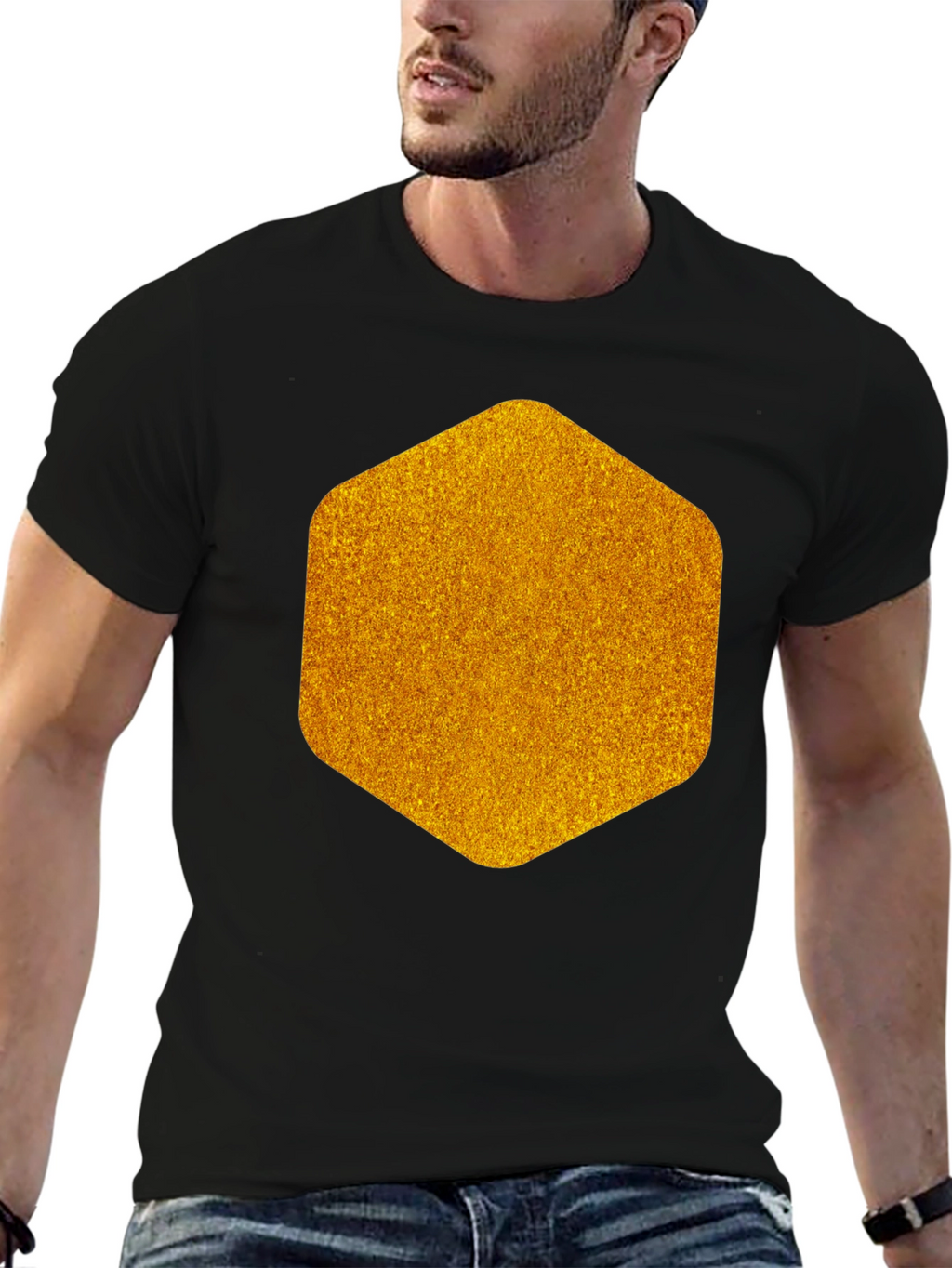 Geometric Gold Graphic Tee - Modern Mens Black T-Shirt