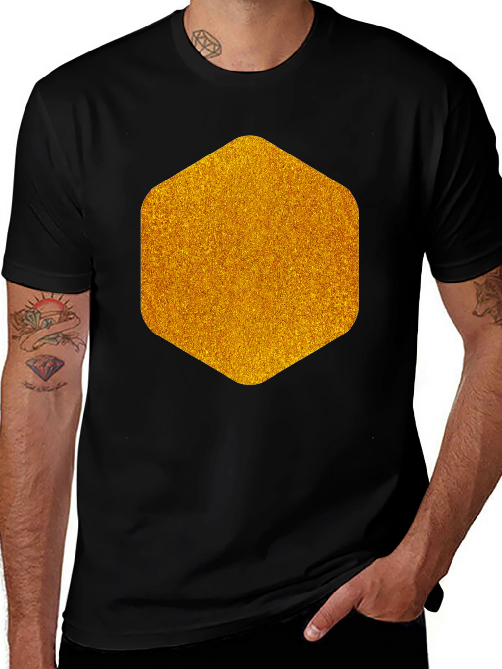 Geometric Gold Graphic Tee - Modern Mens Black T-Shirt