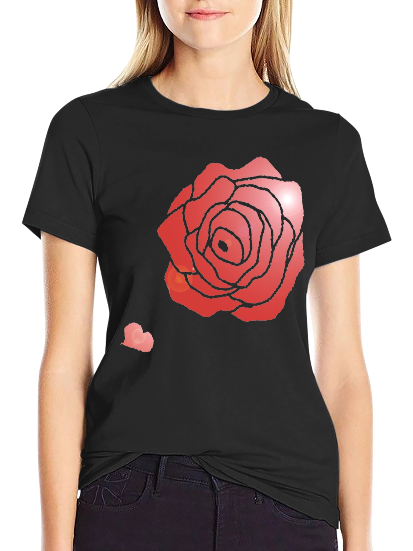 Rose Heart Graphic Tee - Stylish Black T-Shirt