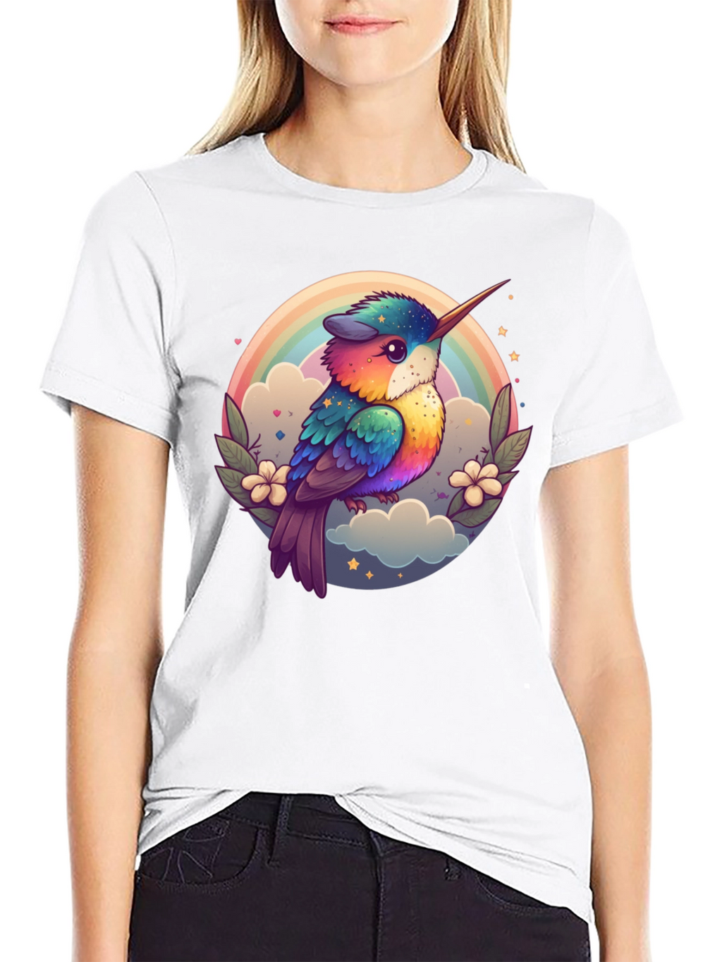 Rainbow Hummingbird Graphic Black Tee