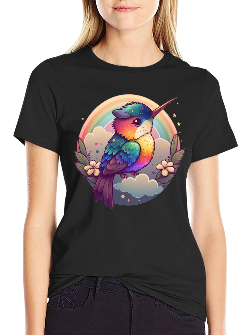 Rainbow Hummingbird Graphic Black Tee