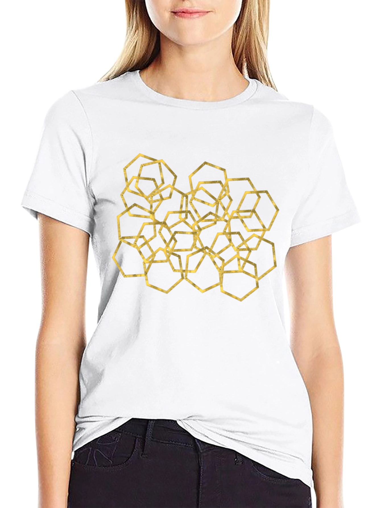 Geometric Hexagon Pattern Black T-Shirt