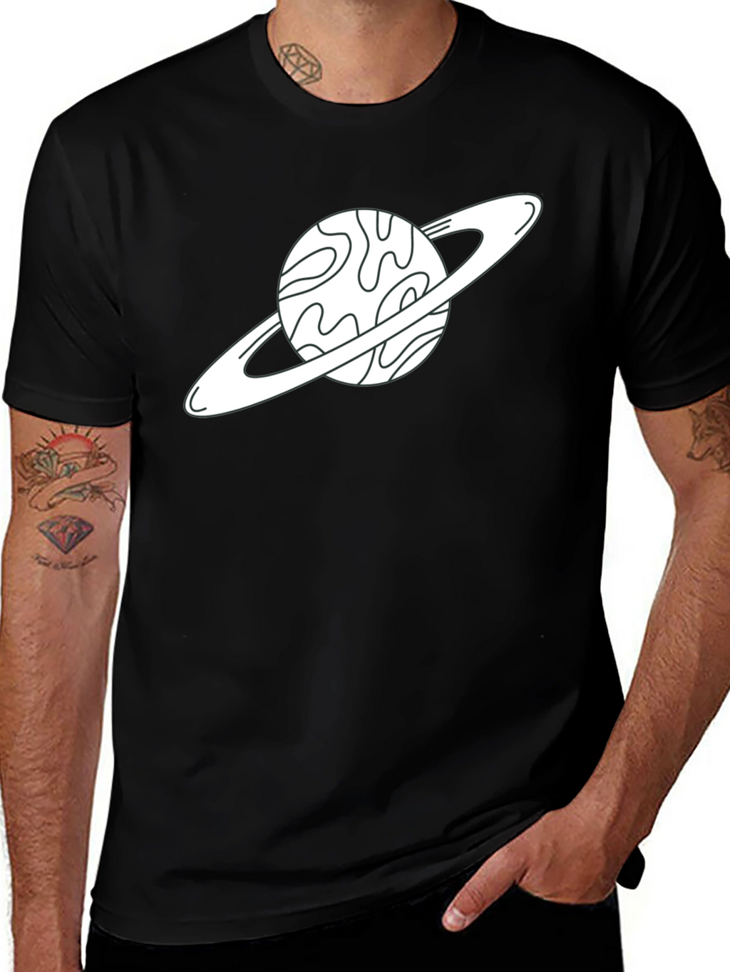 Saturn Graphic Tee - Space Lovers Black Cotton T-Shirt