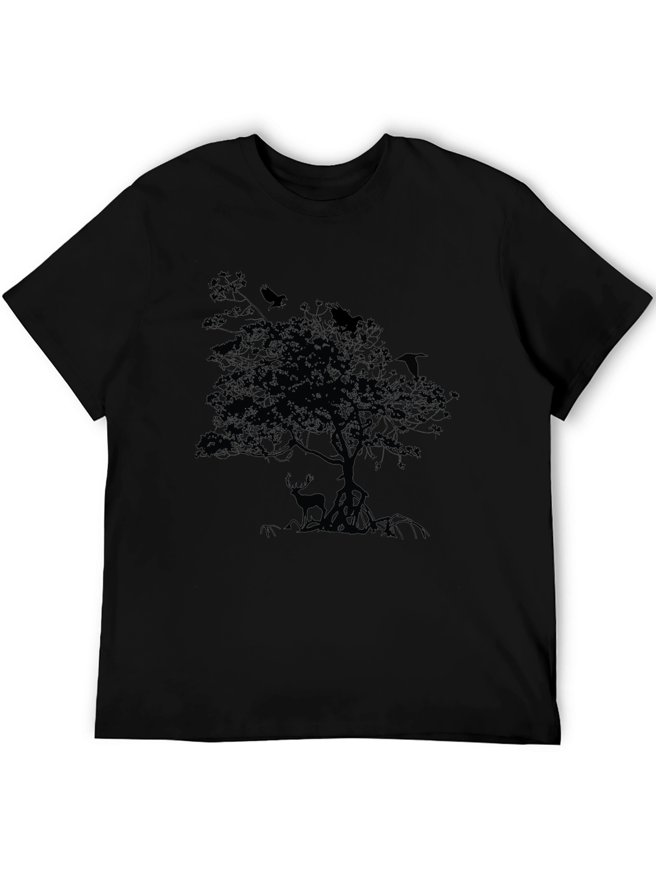 Mens Black T-Shirt with Deer and Raven Tree Design