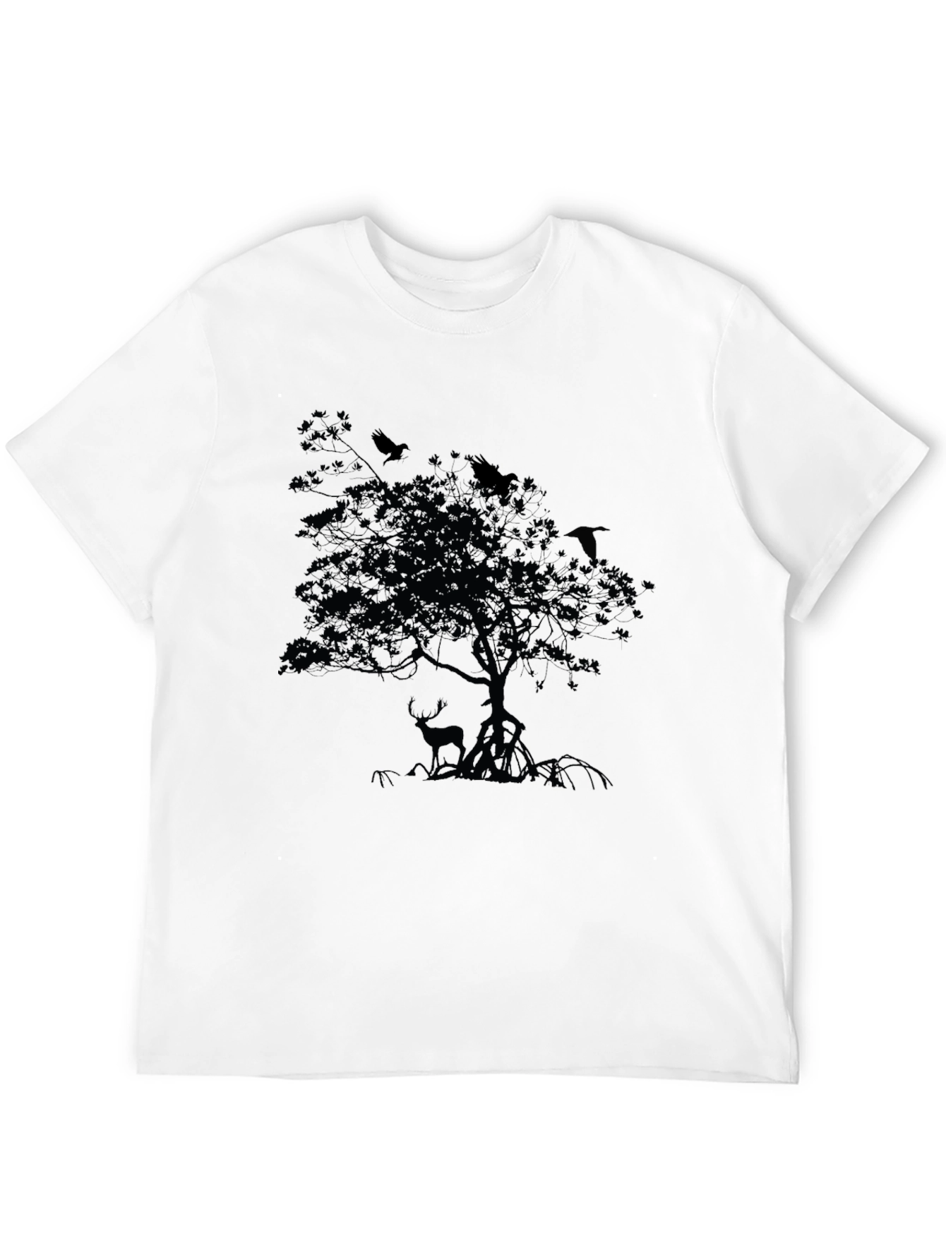 Mens Black T-Shirt with Deer and Raven Tree Design