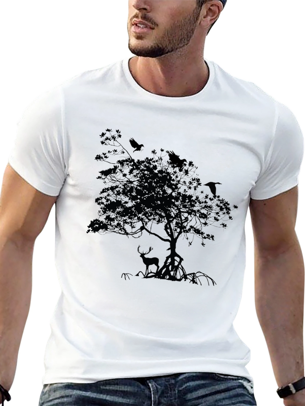 Mens Black T-Shirt with Deer and Raven Tree Design