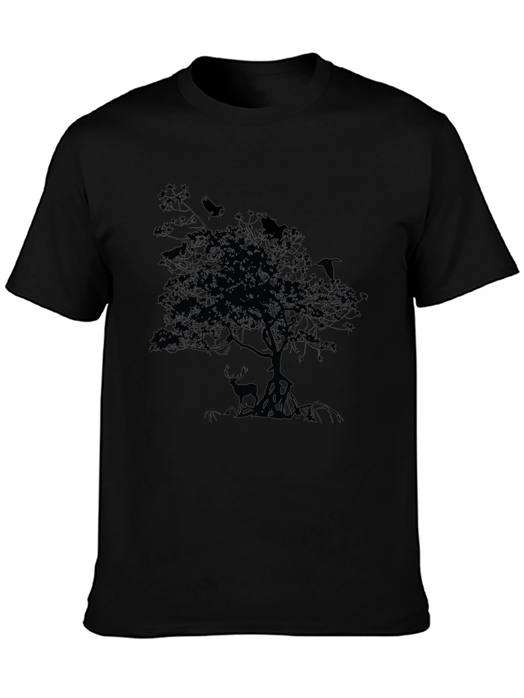Mens Black T-Shirt with Deer and Raven Tree Design