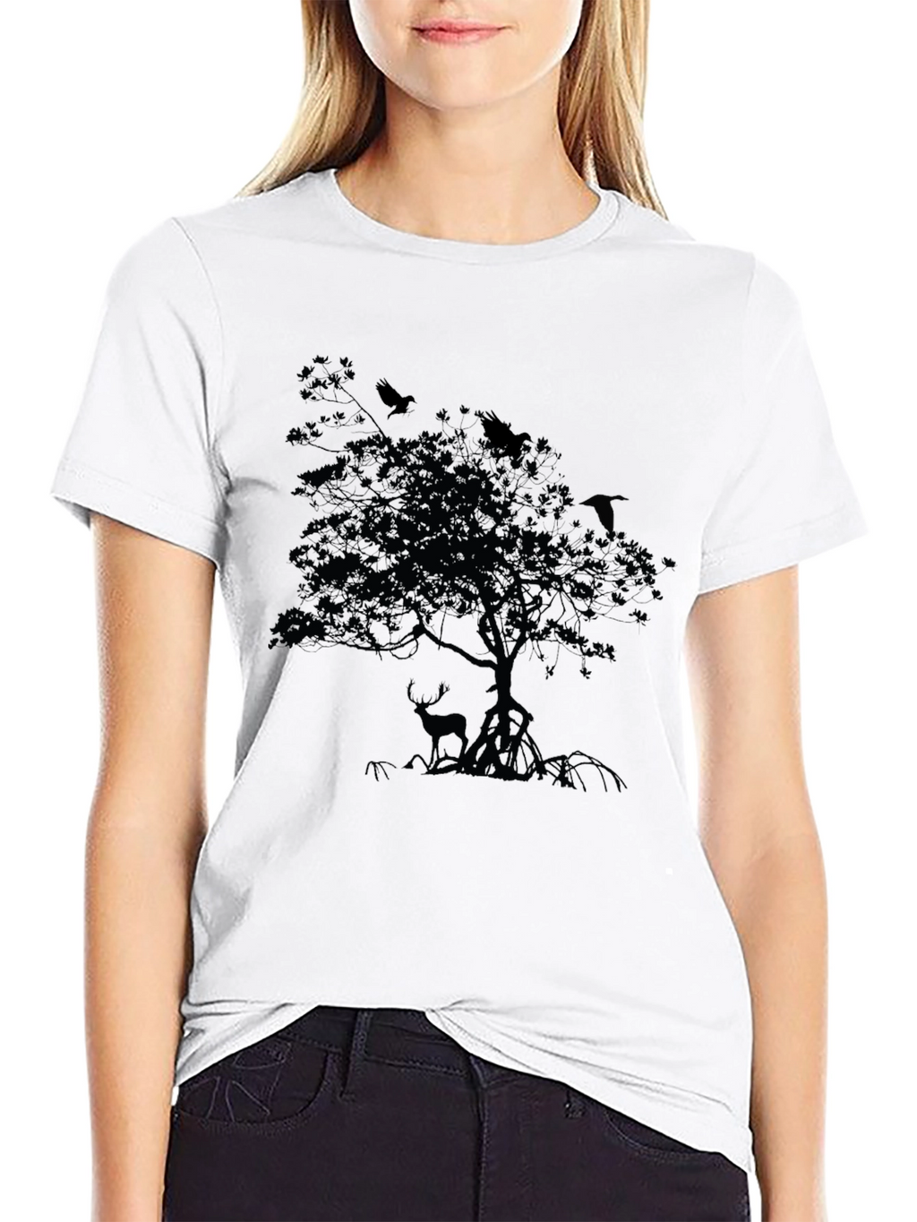 Mens Black T-Shirt with Deer and Raven Tree Design