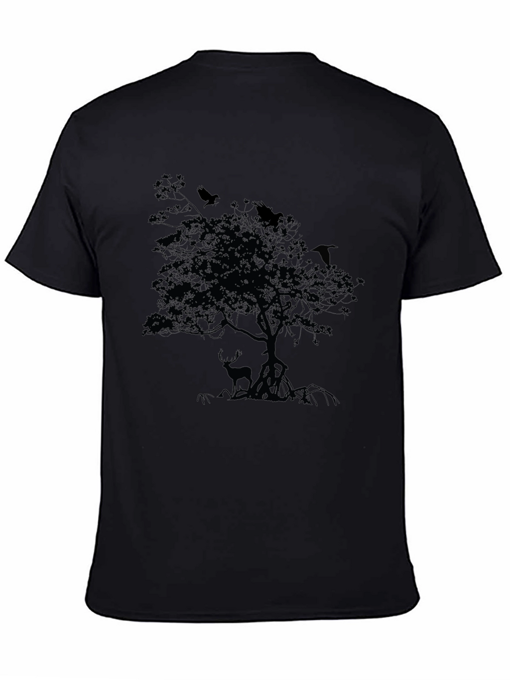 Mens Black T-Shirt with Deer and Raven Tree Design