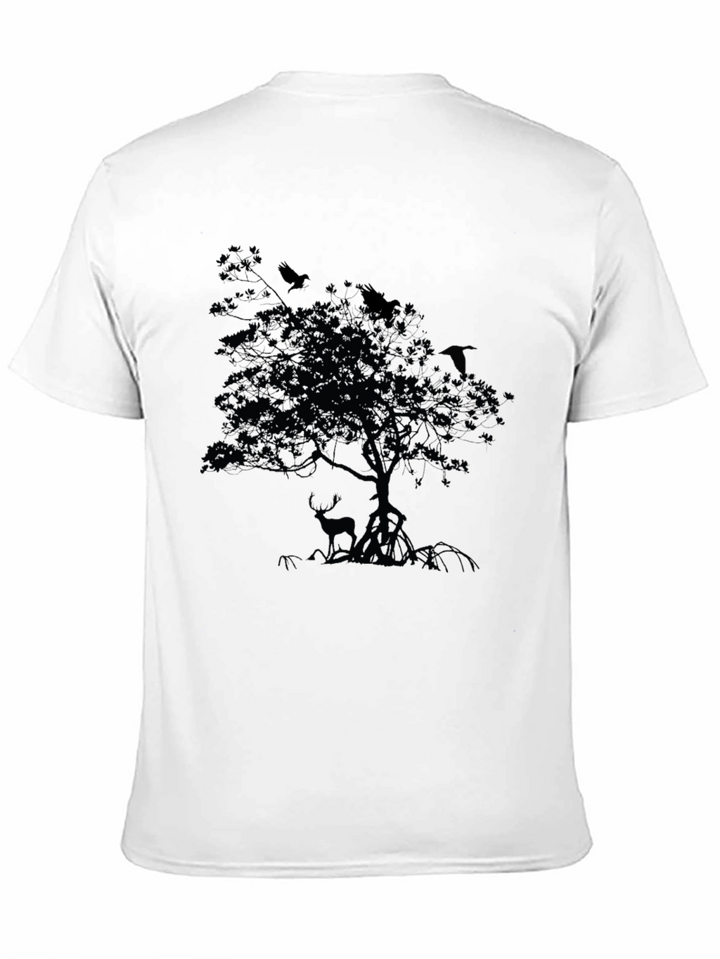 Mens Black T-Shirt with Deer and Raven Tree Design