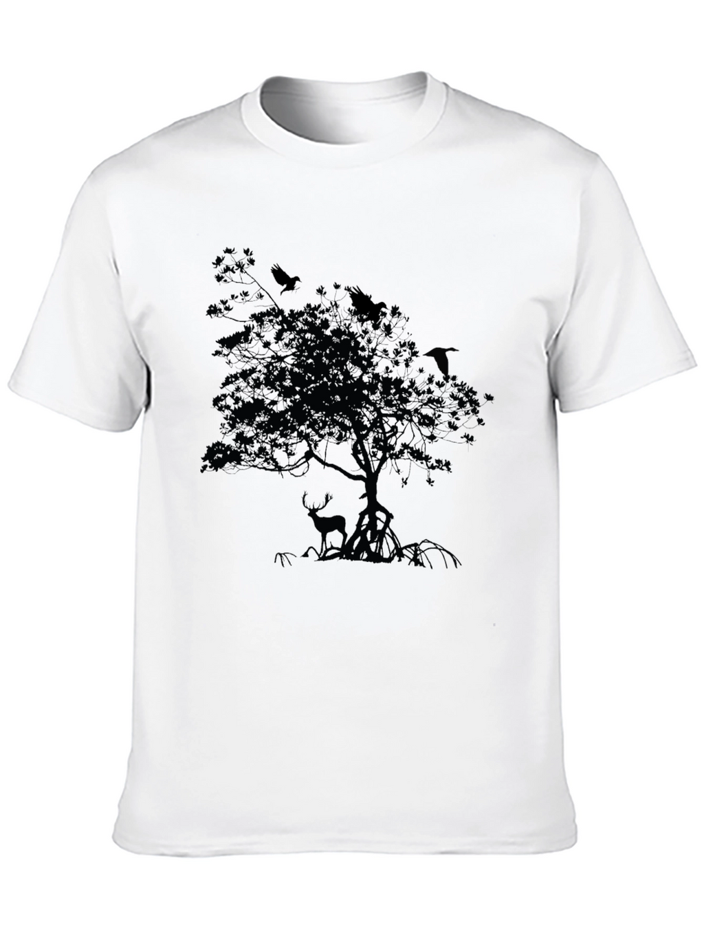 Mens Black T-Shirt with Deer and Raven Tree Design