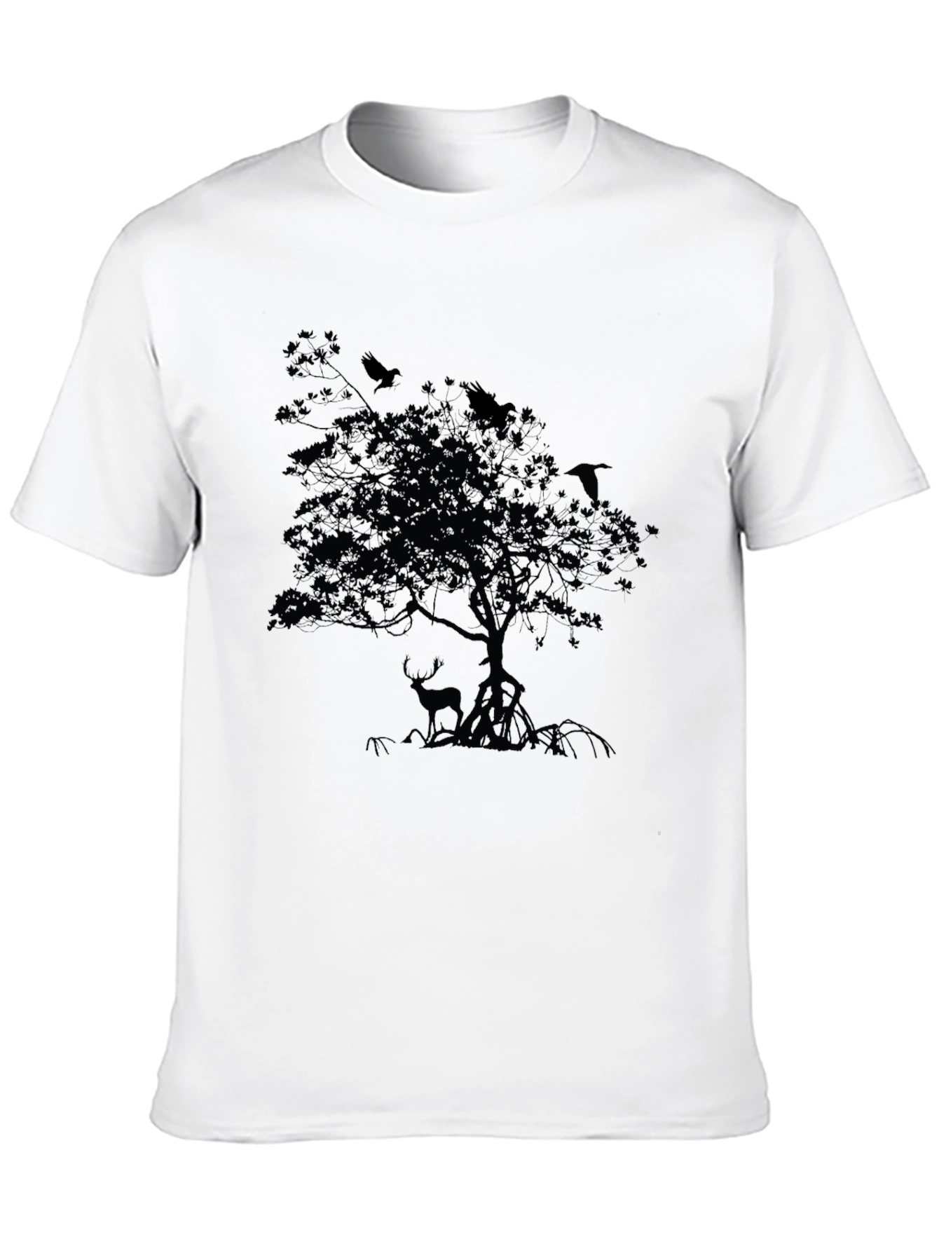Mens Black T-Shirt with Deer and Raven Tree Design