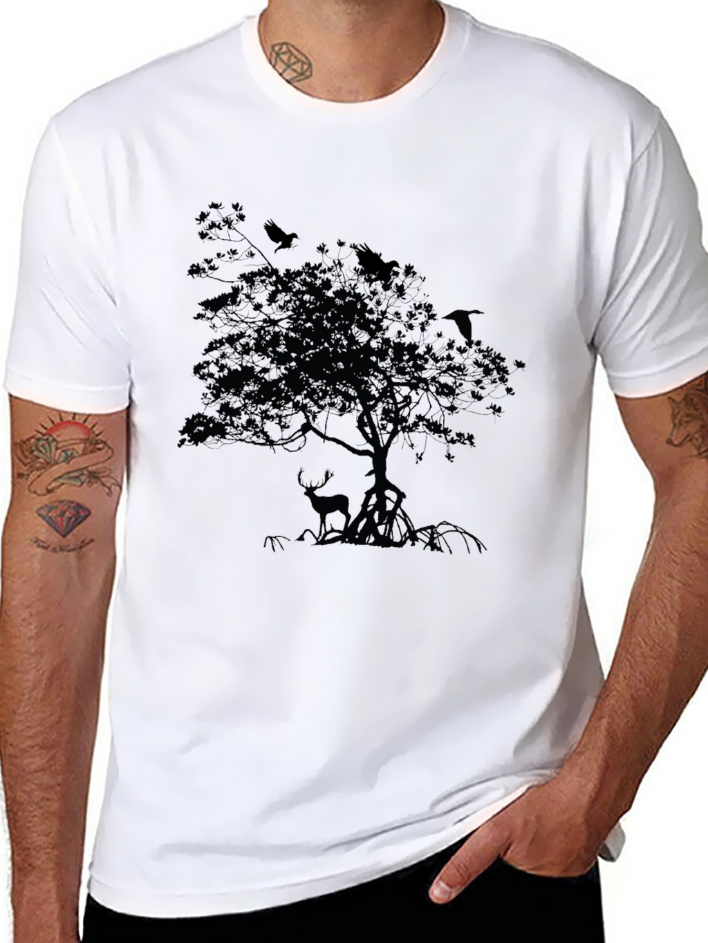 Mens Black T-Shirt with Deer and Raven Tree Design