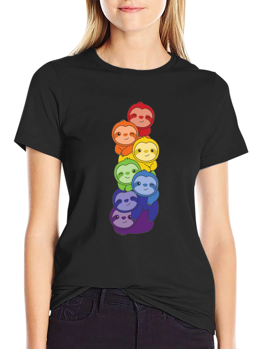 Rainbow Sloth Stack Graphic Tee - Black Cotton T-Shirt
