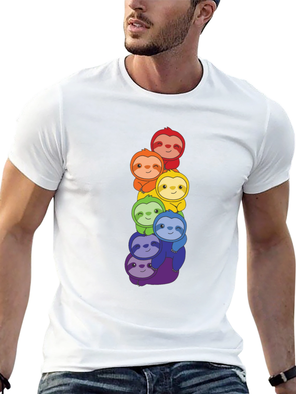 Rainbow Sloth Stack Graphic Tee - Black Cotton T-Shirt